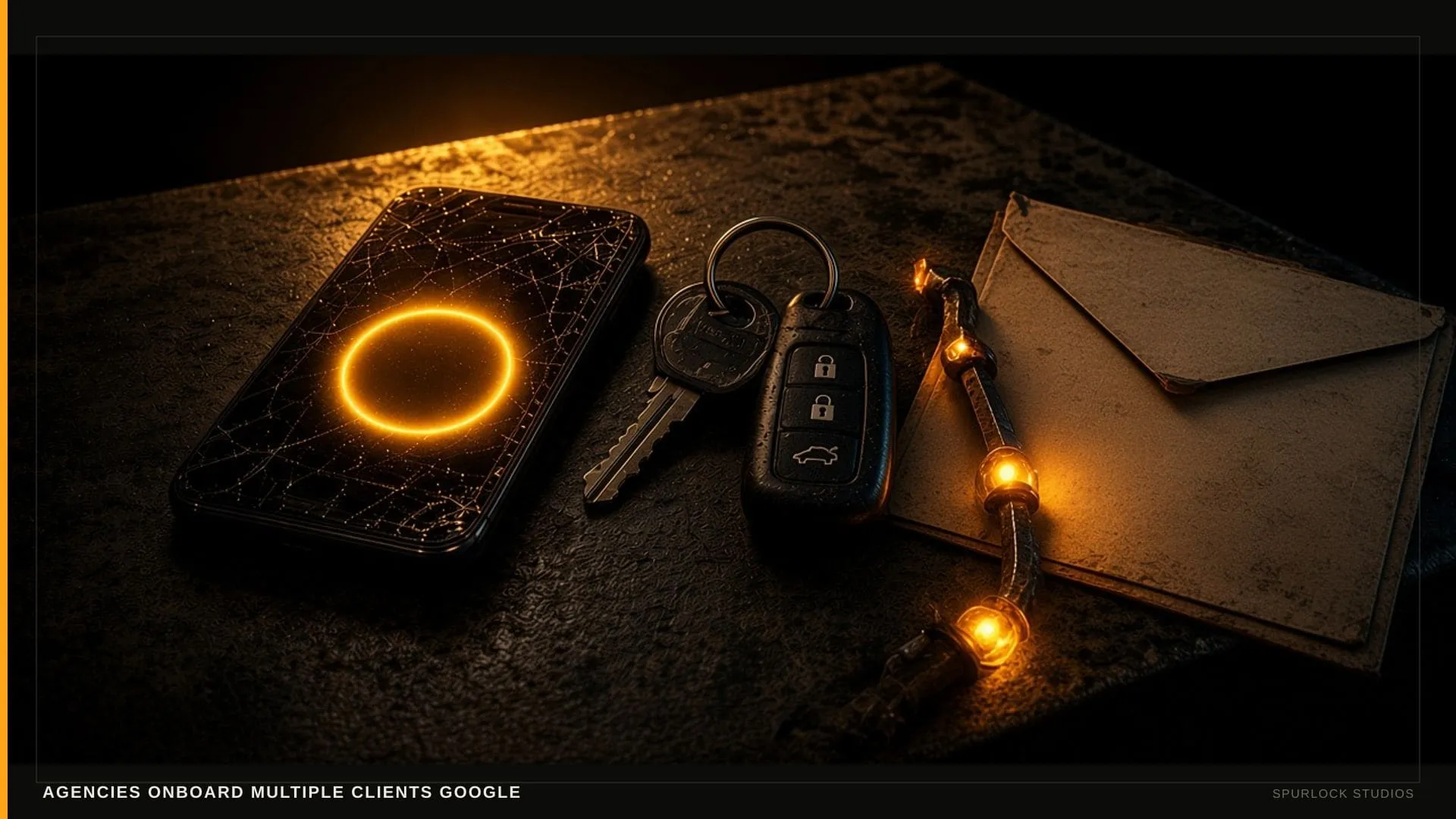 A scuffed work smartphone with a blank glowing circular button. Thesis: AGENCIES ONBOARD MULTIPLE CLIENTS GOOGLE.