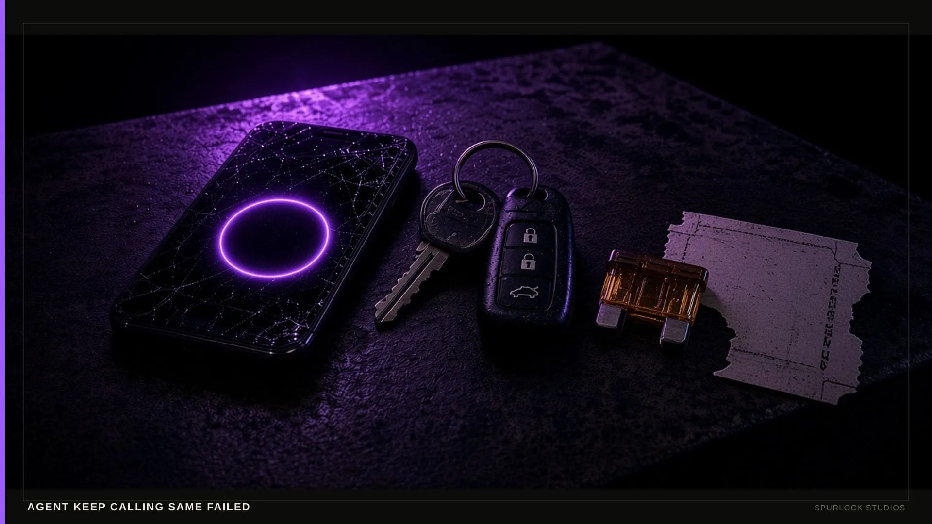 A scuffed work smartphone with a blank glowing circular button. Thesis: AGENT KEEP CALLING SAME FAILED.