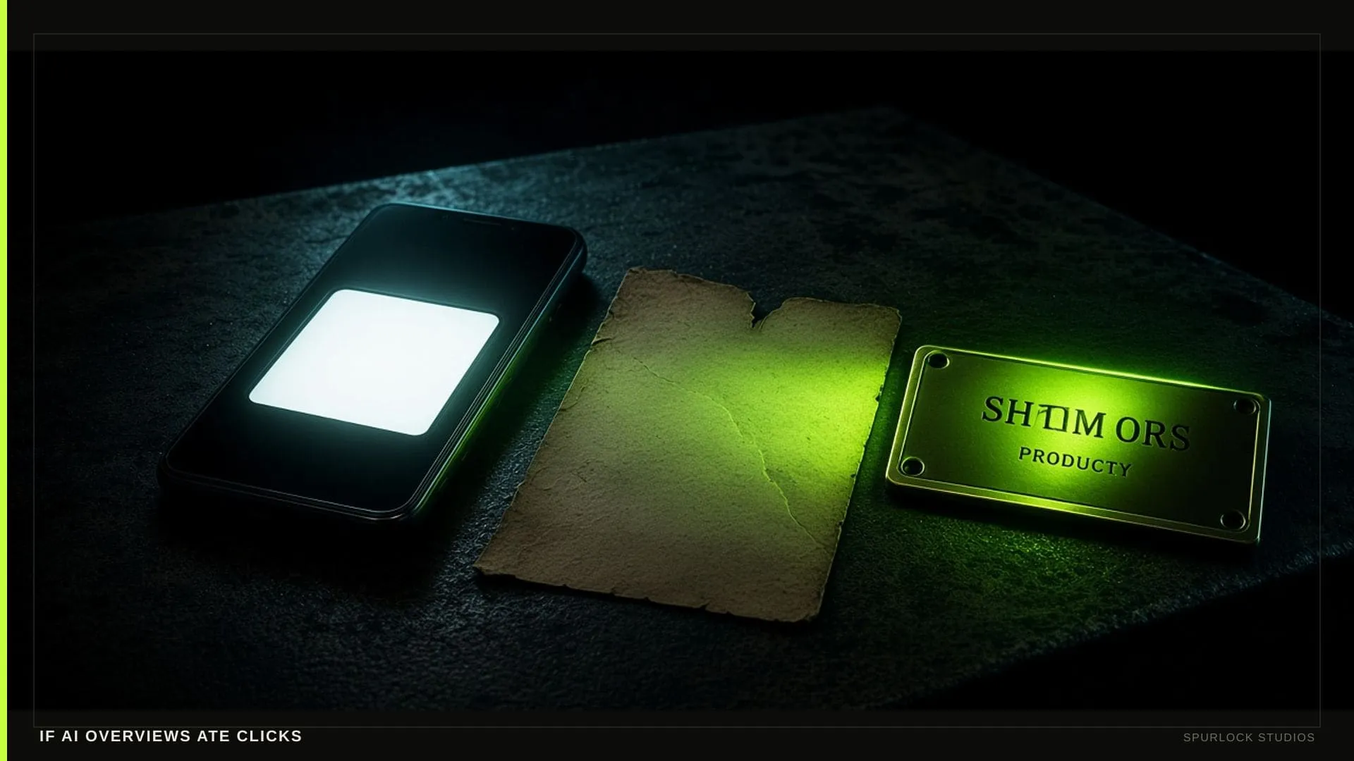 A lime beam hitting a small brass nameplate. Thesis: IF AI OVERVIEWS ATE CLICKS.