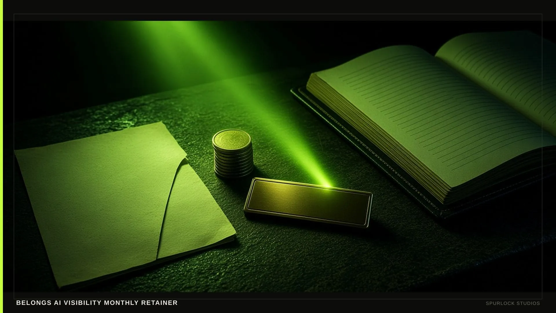 A lime beam hitting a small brass nameplate. Thesis: BELONGS AI VISIBILITY MONTHLY RETAINER.