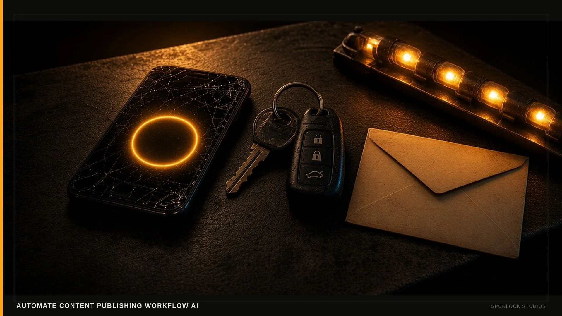 A scuffed work smartphone with a blank glowing circular button. Thesis: AUTOMATE CONTENT PUBLISHING WORKFLOW AI.