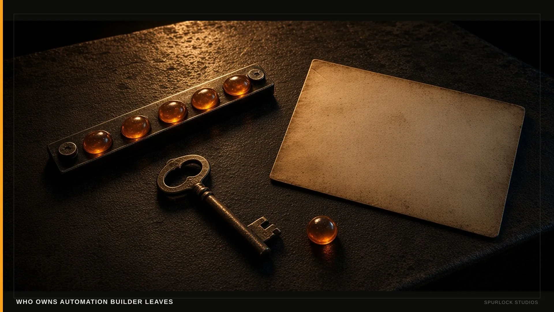Amber node beads on a dark rail. Thesis: WHO OWNS AUTOMATION BUILDER LEAVES.