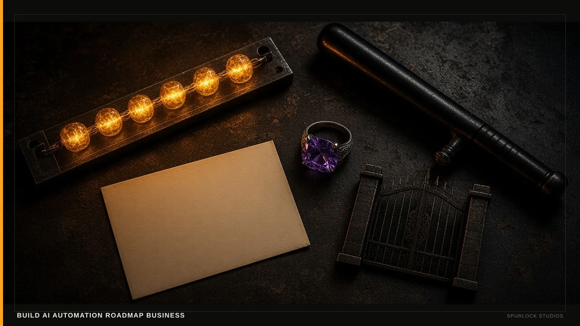 Amber node beads on a dark rail. Thesis: BUILD AI AUTOMATION ROADMAP BUSINESS.