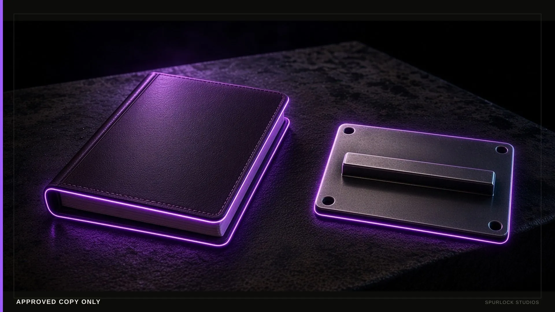 Approved-copy binder and a violet STOP plate — the agent’s fence.