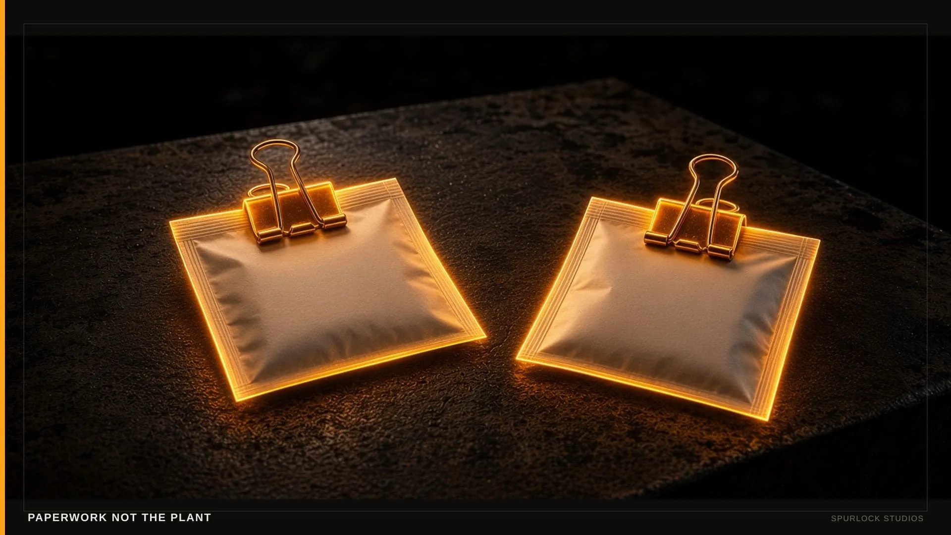 Invoice and PO stacked with an amber matching clip — no plant in frame.