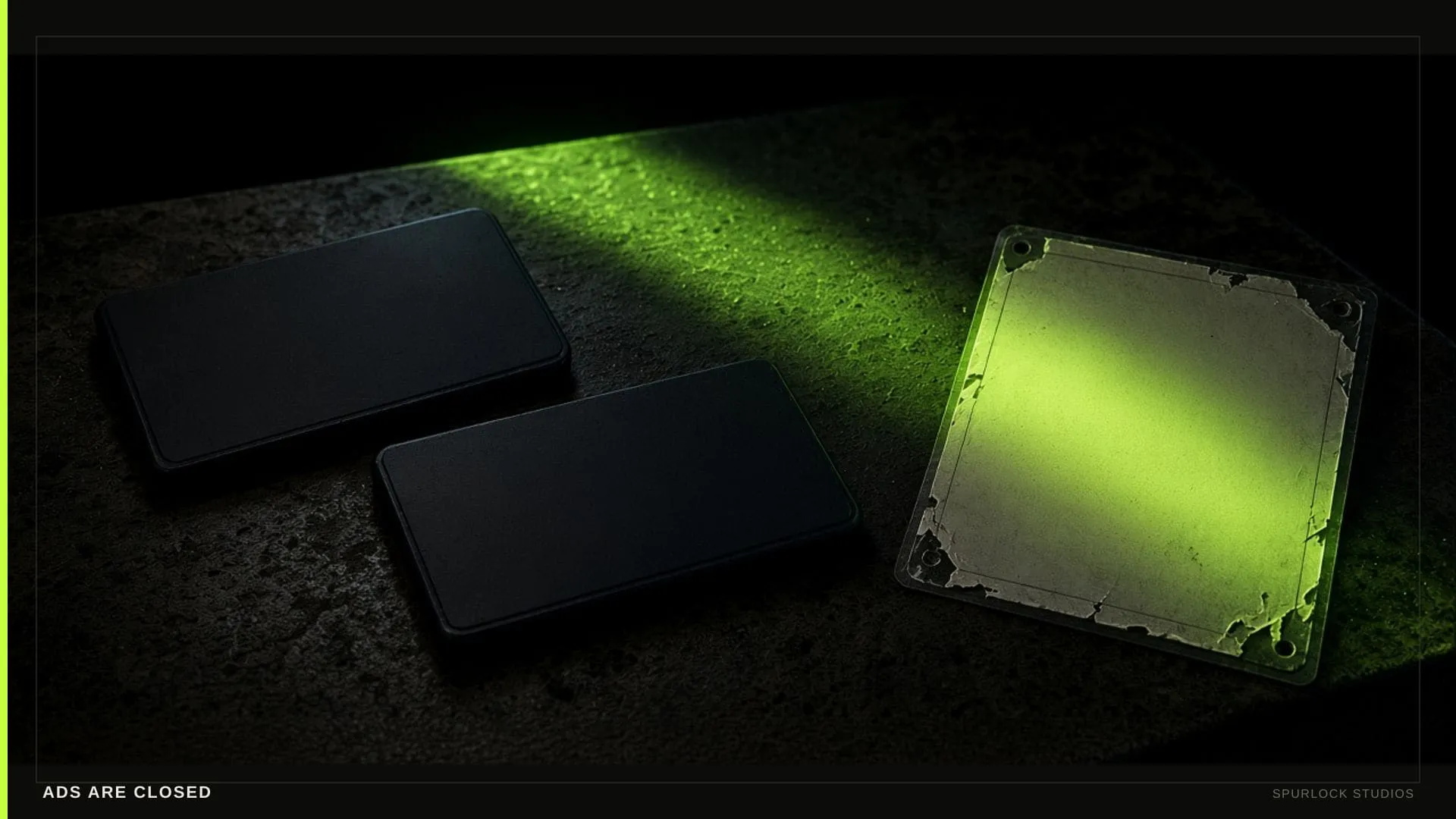 Voided ad tiles in shadow and a lime beam hitting a 21+ license card.