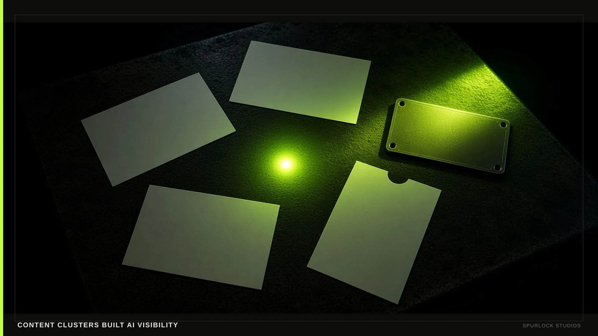 A lime beam hitting a small brass nameplate. Thesis: CONTENT CLUSTERS BUILT AI VISIBILITY.