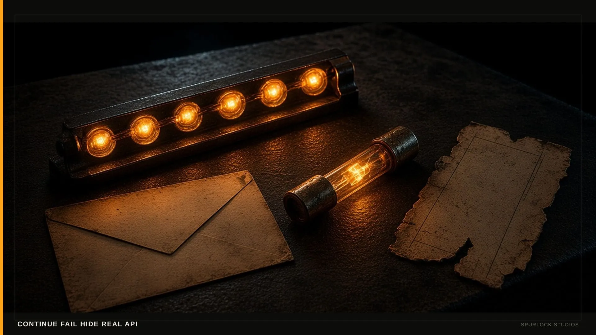 Amber node beads on a dark rail. Thesis: CONTINUE FAIL HIDE REAL API.