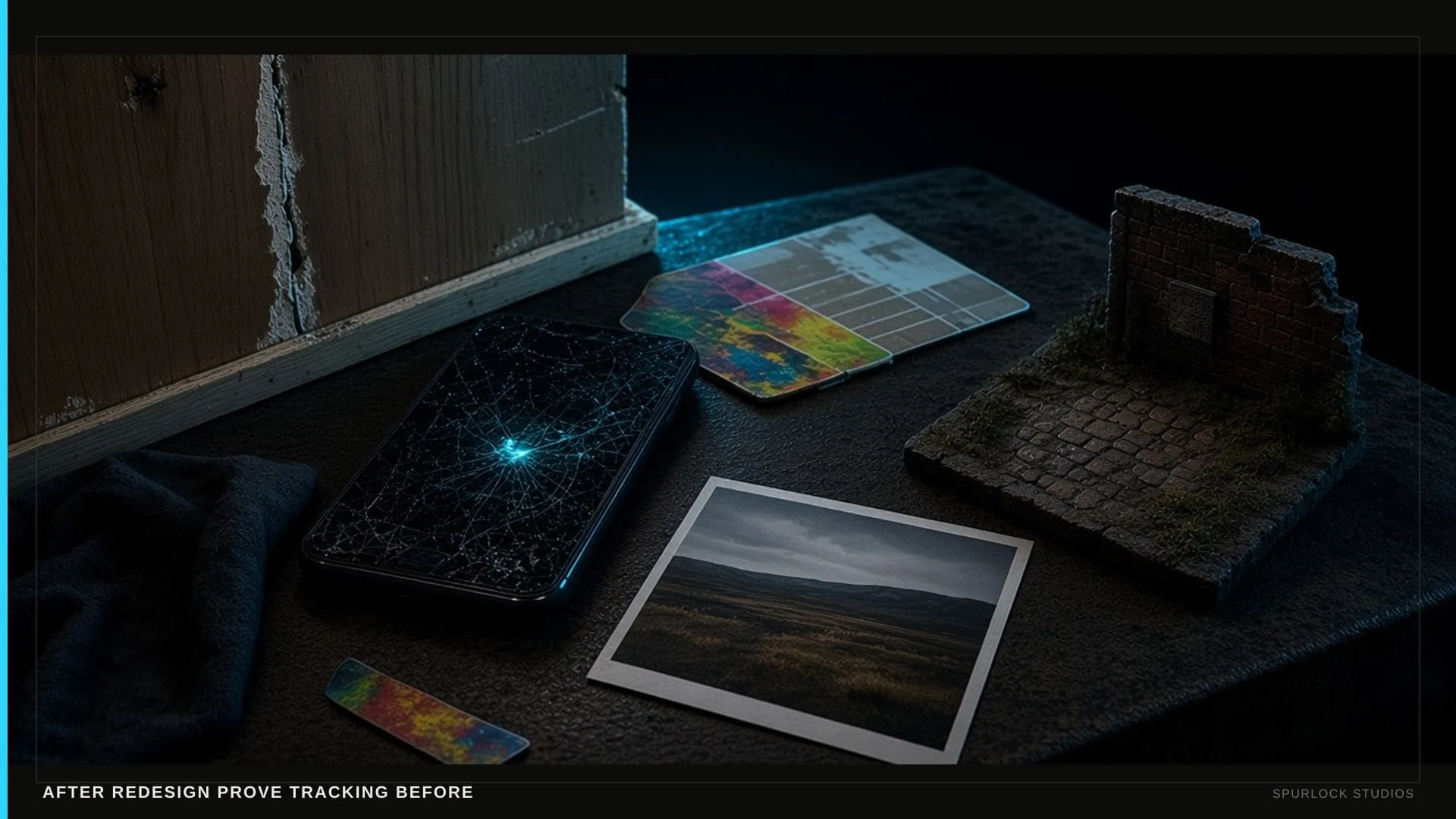 A film still, a paint chip, a stud wall. Thesis: AFTER REDESIGN PROVE TRACKING BEFORE.