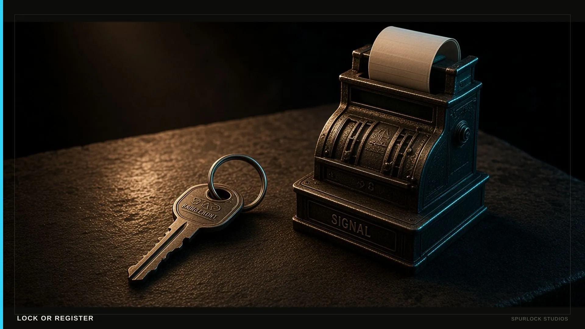 A house key beside a receipt register — two objects, one choice.