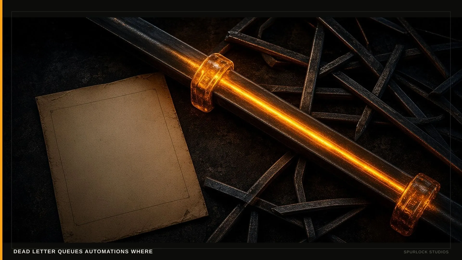 Amber node beads on a dark rail. Thesis: DEAD LETTER QUEUES AUTOMATIONS WHERE.