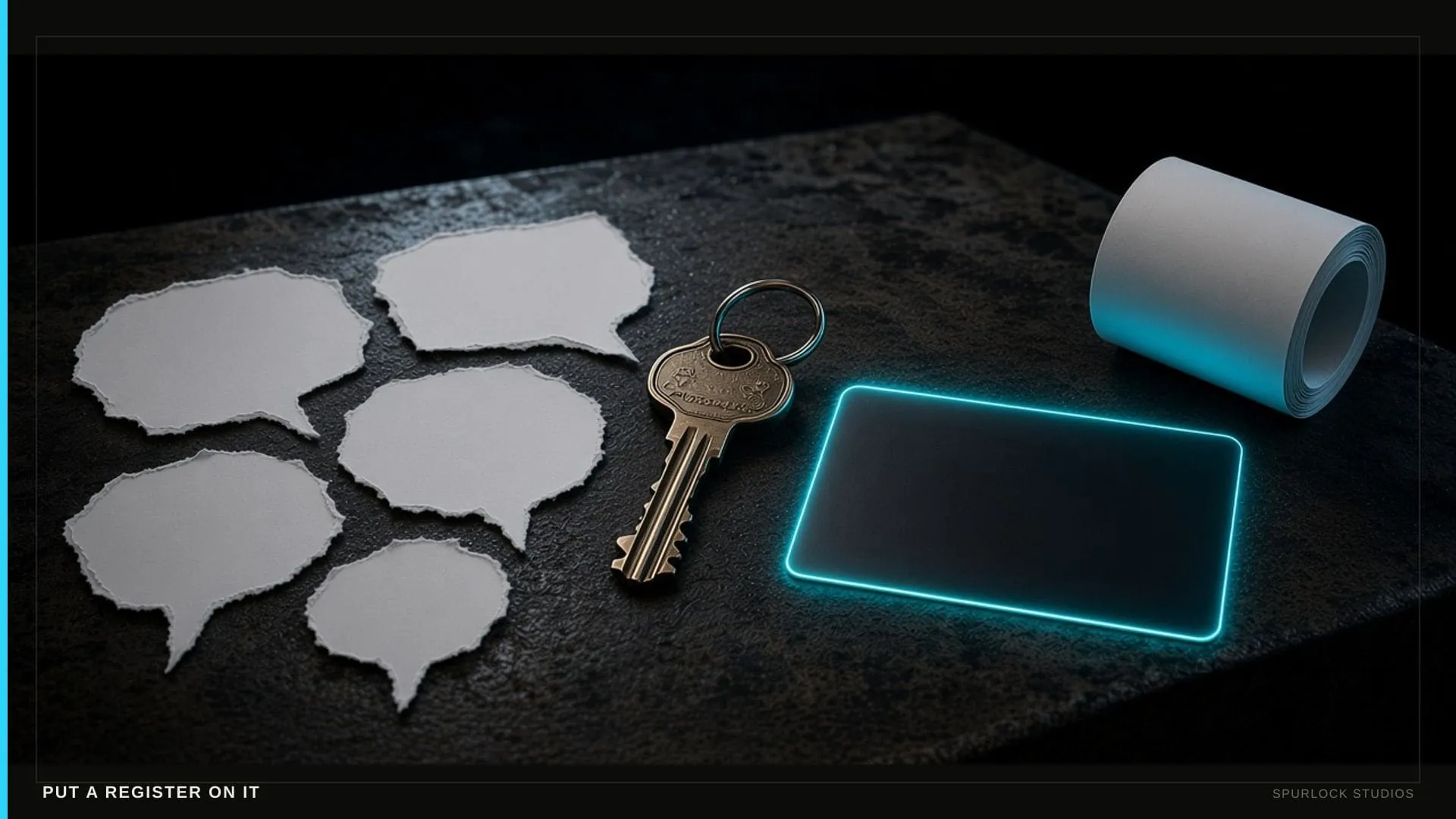 Blank chat-bubble scraps versus a house key, membership card, and receipt.