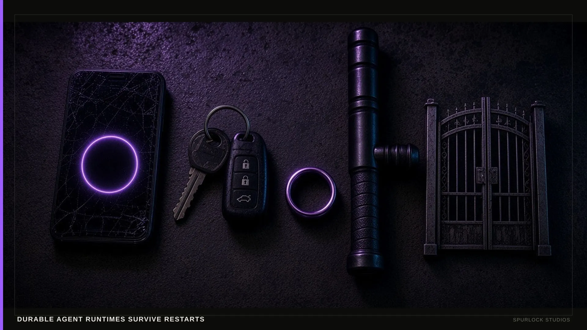 A scuffed work smartphone with a blank glowing circular button. Thesis: DURABLE AGENT RUNTIMES SURVIVE RESTARTS.