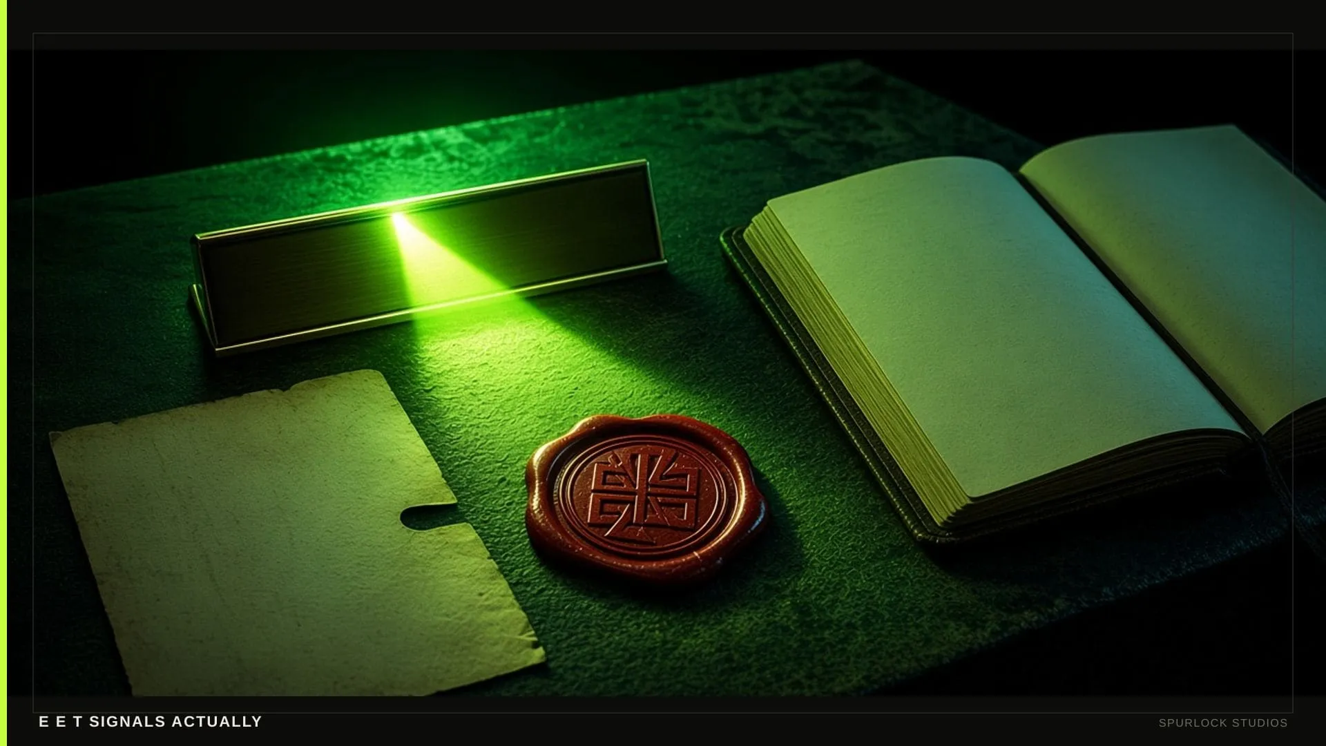 A lime beam hitting a small brass nameplate. Thesis: E E T SIGNALS ACTUALLY.