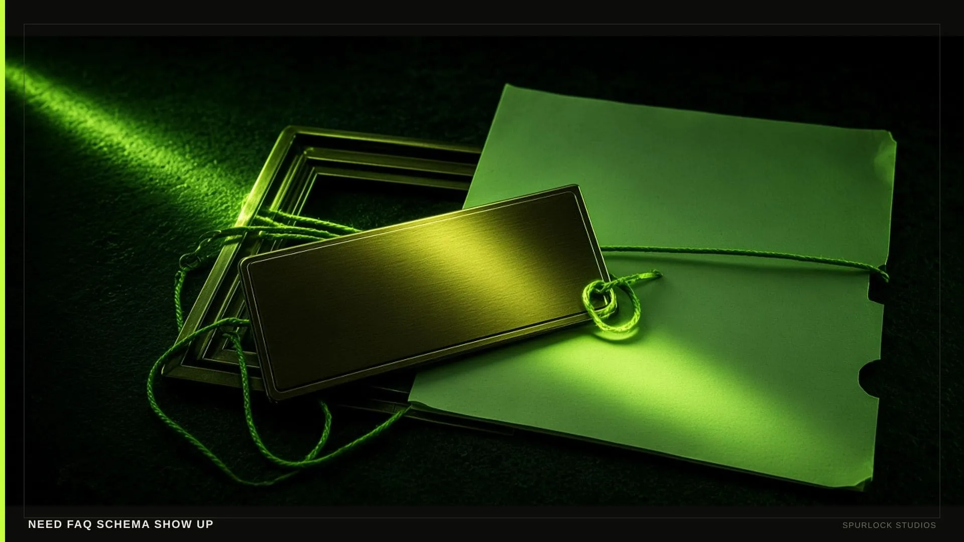 A lime beam hitting a small brass nameplate. Thesis: NEED FAQ SCHEMA SHOW UP.