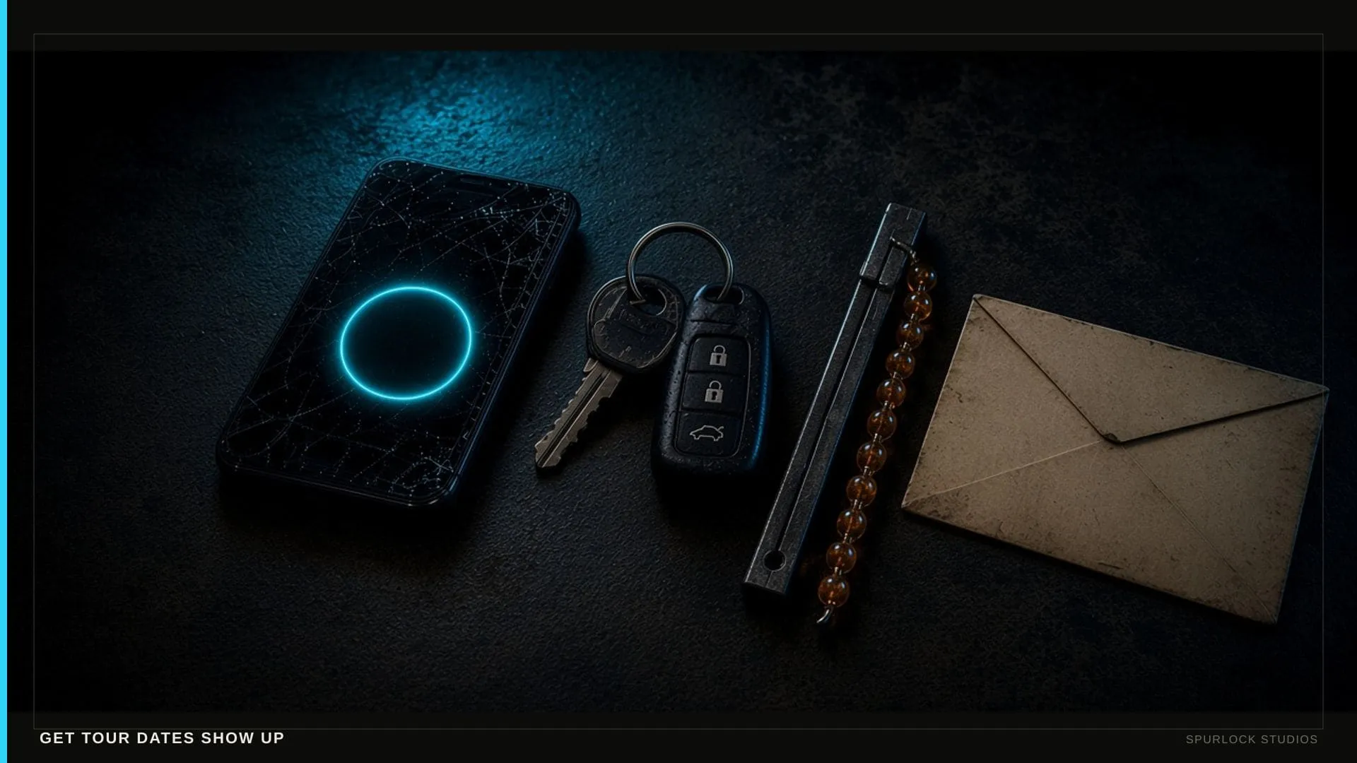A scuffed work smartphone with a blank glowing circular button. Thesis: GET TOUR DATES SHOW UP.