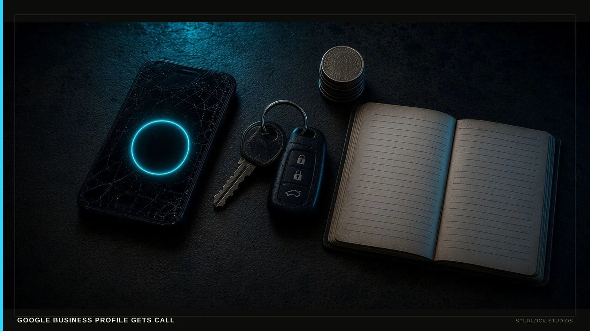 A scuffed work smartphone with a blank glowing circular button. Thesis: GOOGLE BUSINESS PROFILE GETS CALL.