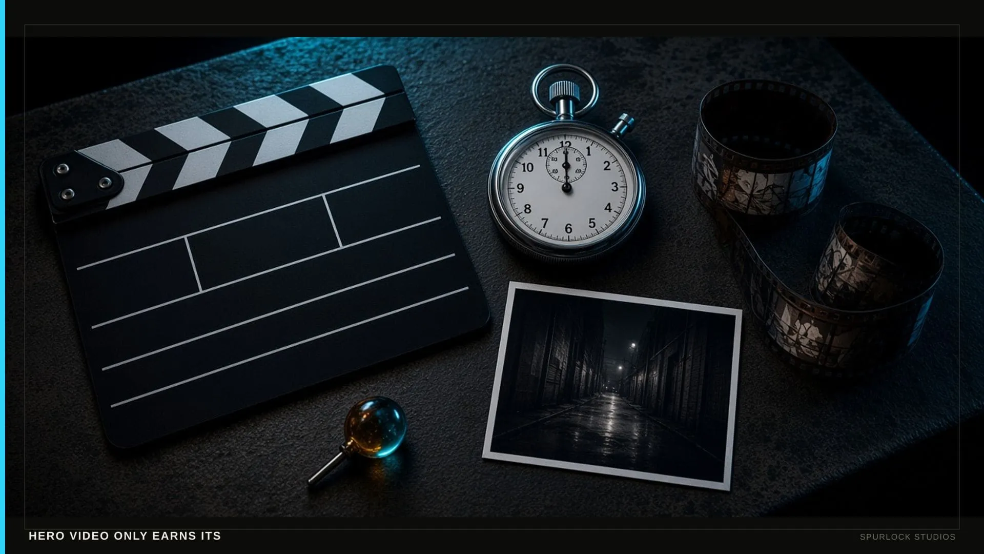 A film slate. Thesis: HERO VIDEO ONLY EARNS ITS.