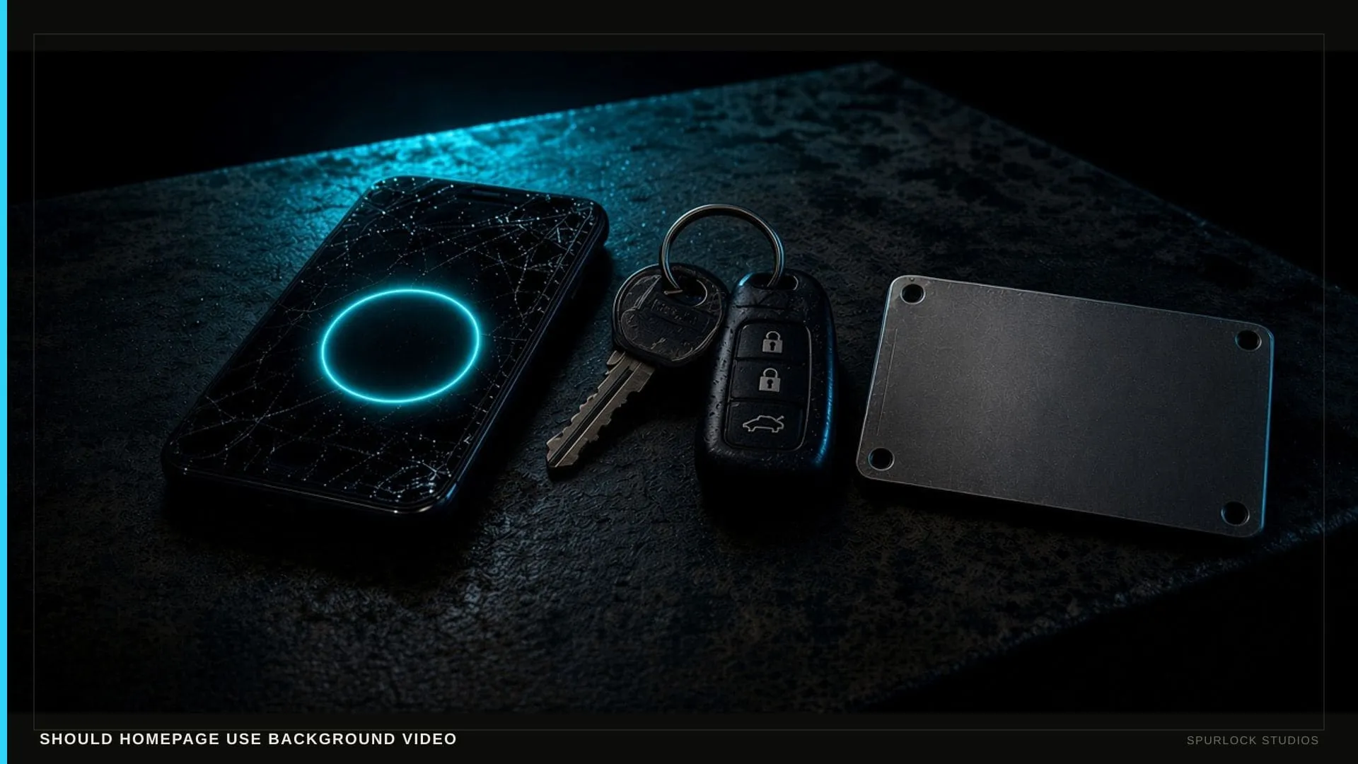 A scuffed work smartphone with a blank glowing circular button. Thesis: SHOULD HOMEPAGE USE BACKGROUND VIDEO.