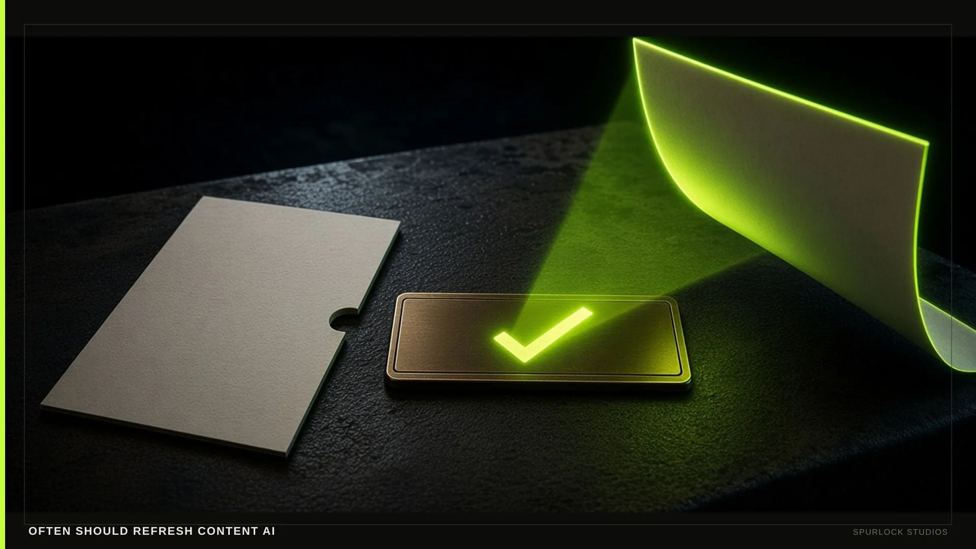 A lime beam hitting a small brass nameplate. Thesis: OFTEN SHOULD REFRESH CONTENT AI.