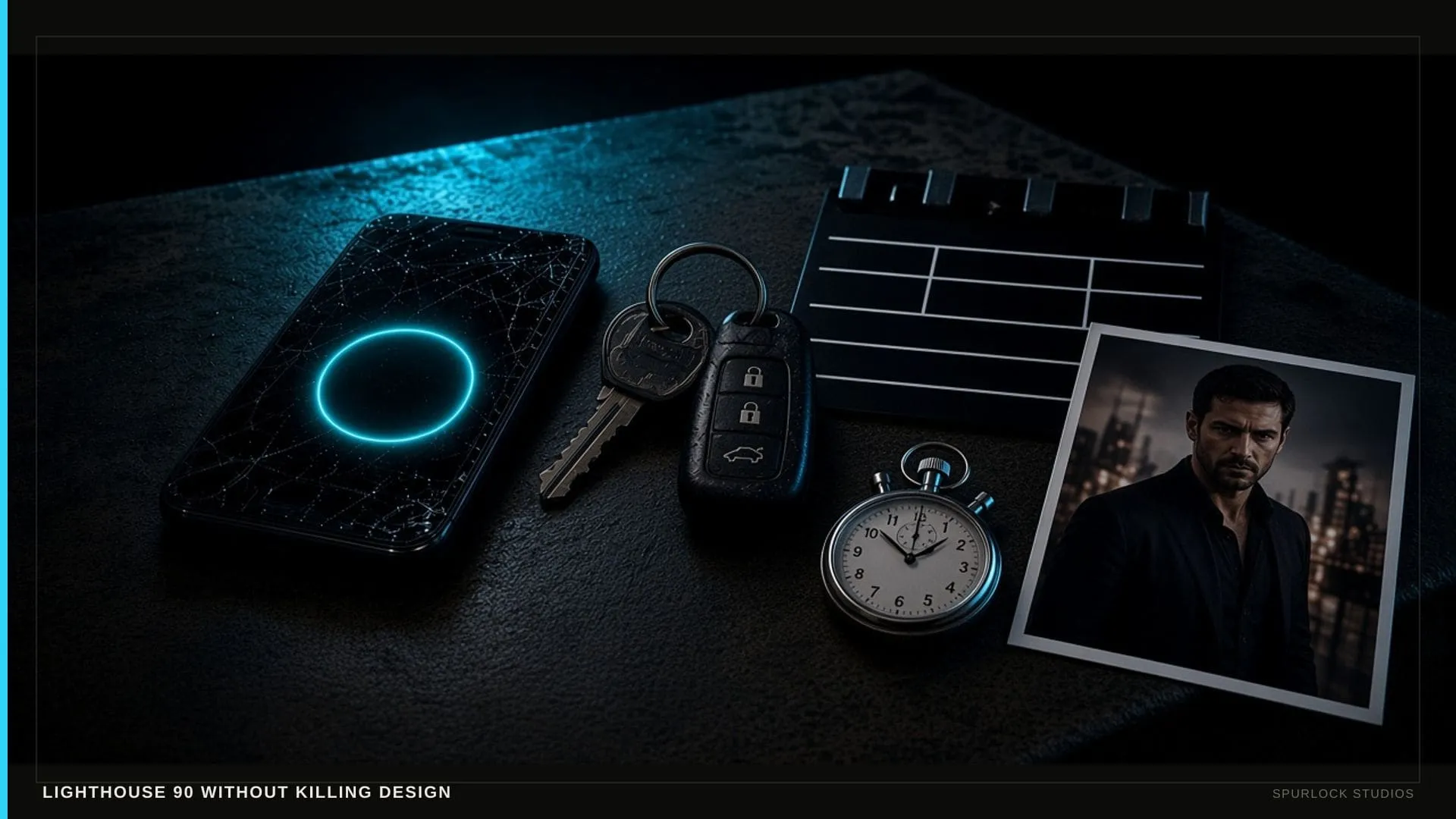 A scuffed work smartphone with a blank glowing circular button. Thesis: LIGHTHOUSE 90 WITHOUT KILLING DESIGN.