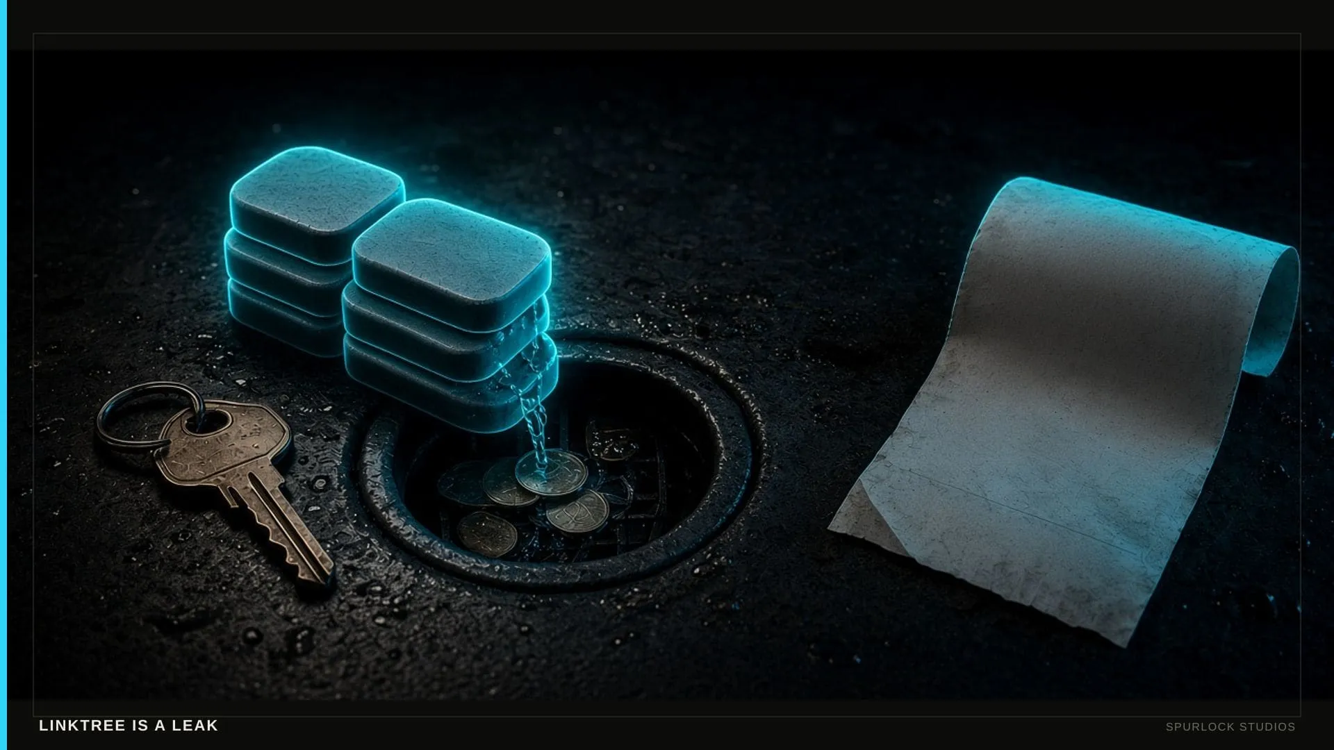 A stack of blank link pills leaking coins beside a house key and a receipt.
