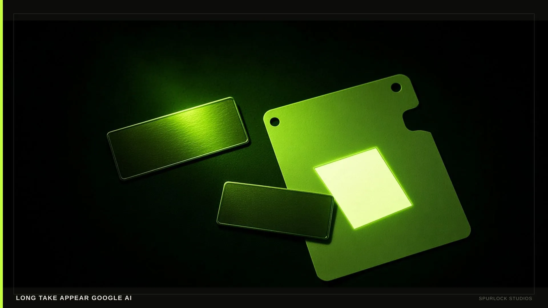 A lime beam hitting a small brass nameplate. Thesis: LONG TAKE APPEAR GOOGLE AI.