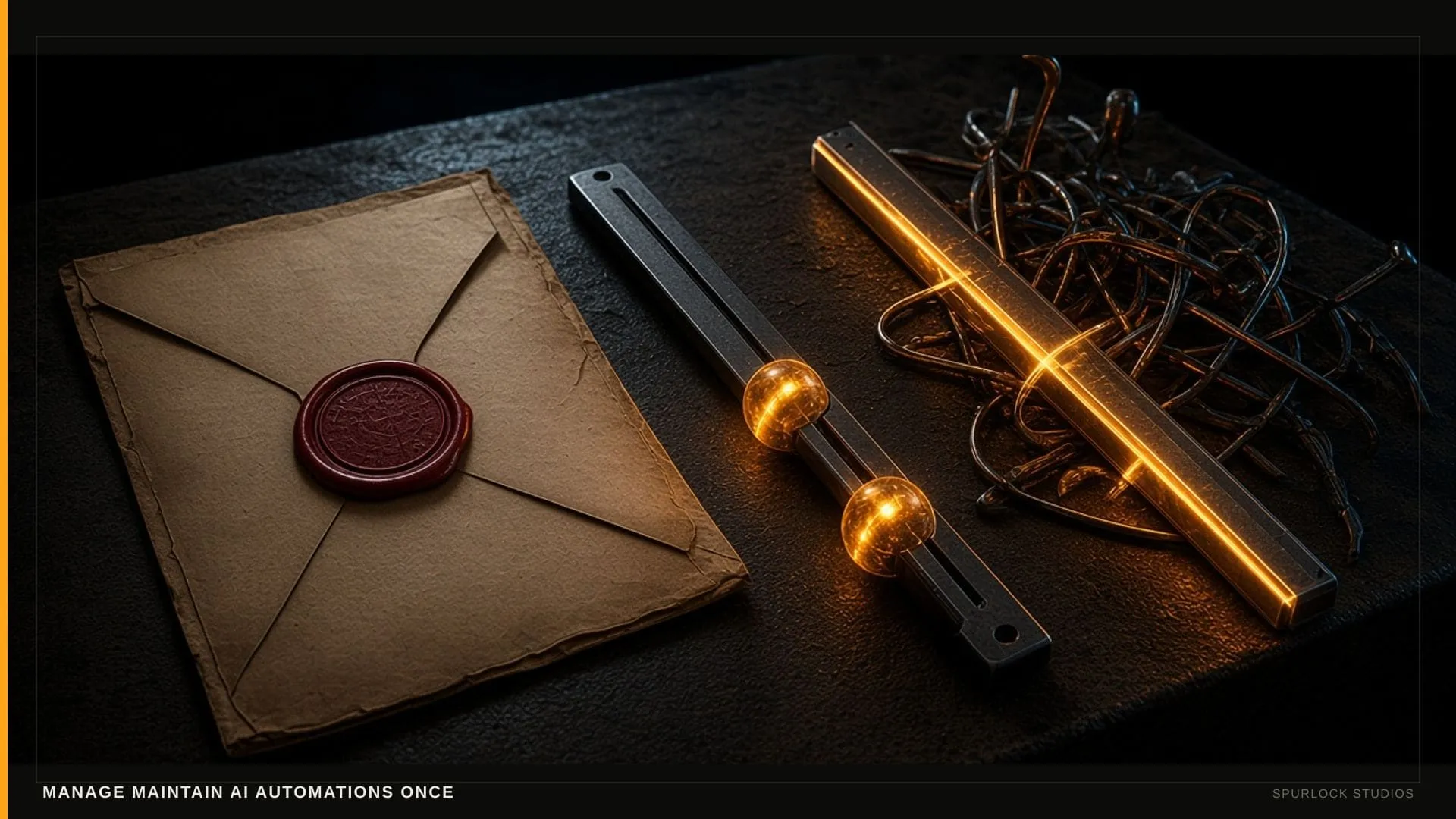 Amber node beads on a dark rail. Thesis: MANAGE MAINTAIN AI AUTOMATIONS ONCE.
