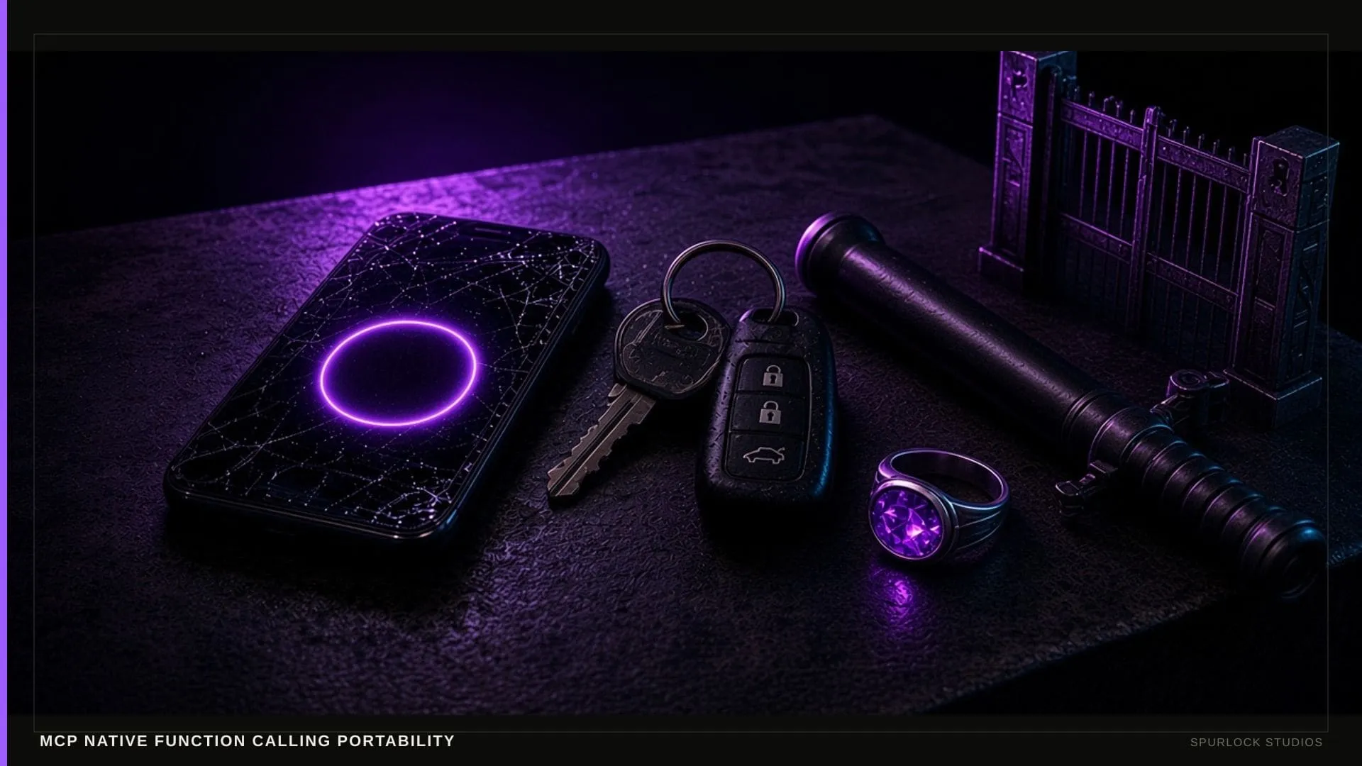 A scuffed work smartphone with a blank glowing circular button. Thesis: MCP NATIVE FUNCTION CALLING PORTABILITY.