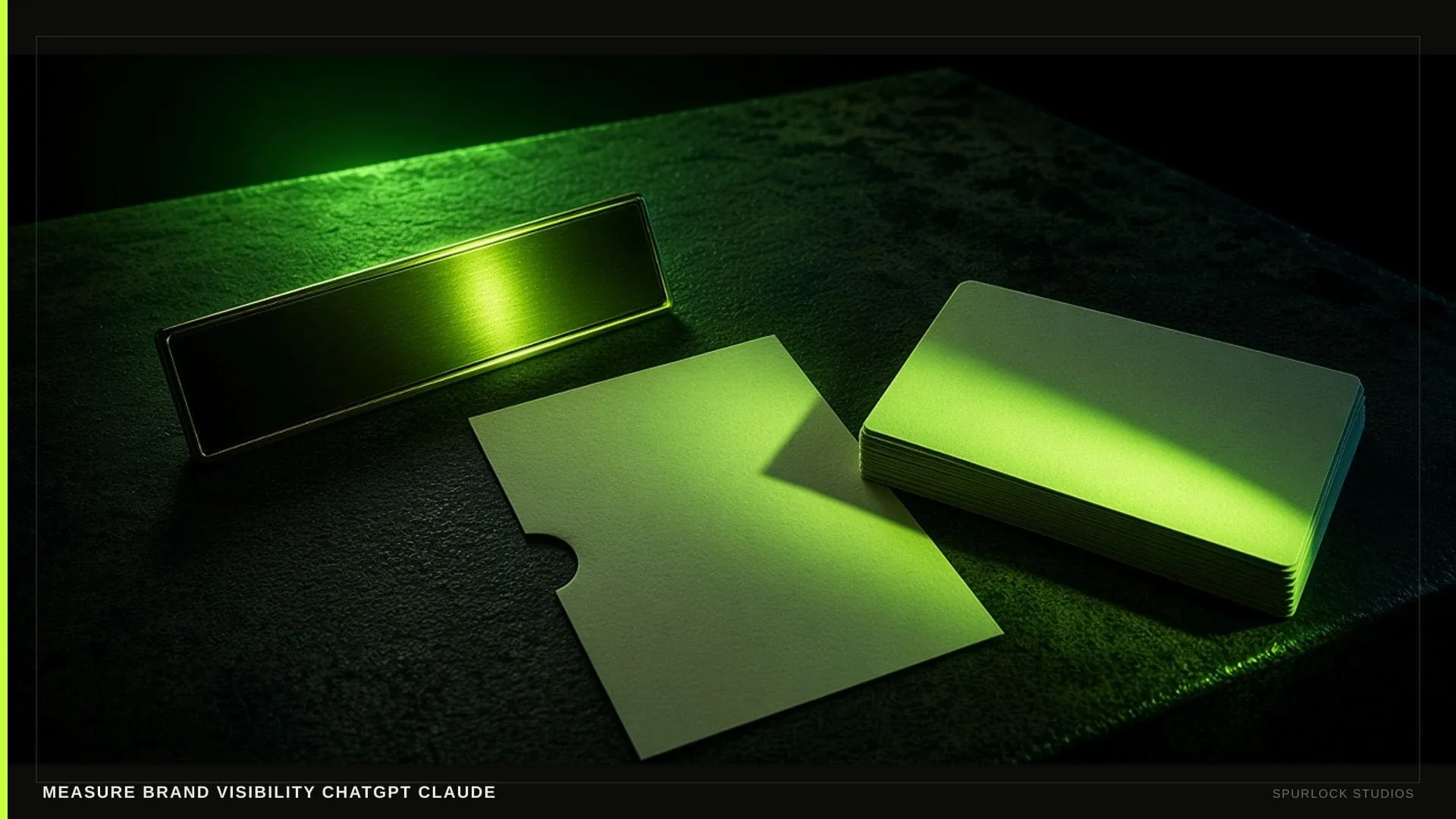 A lime beam hitting a small brass nameplate. Thesis: MEASURE BRAND VISIBILITY CHATGPT CLAUDE.