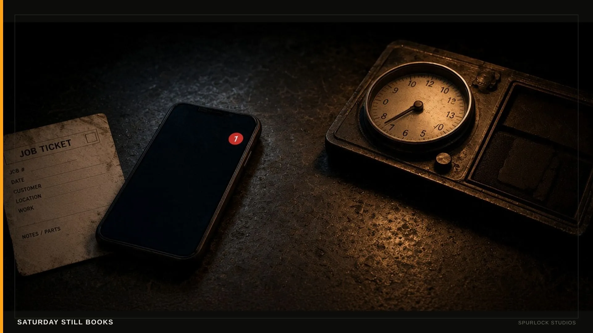 Phone with one missed-call badge beside an after-hours stamp, amber night light.