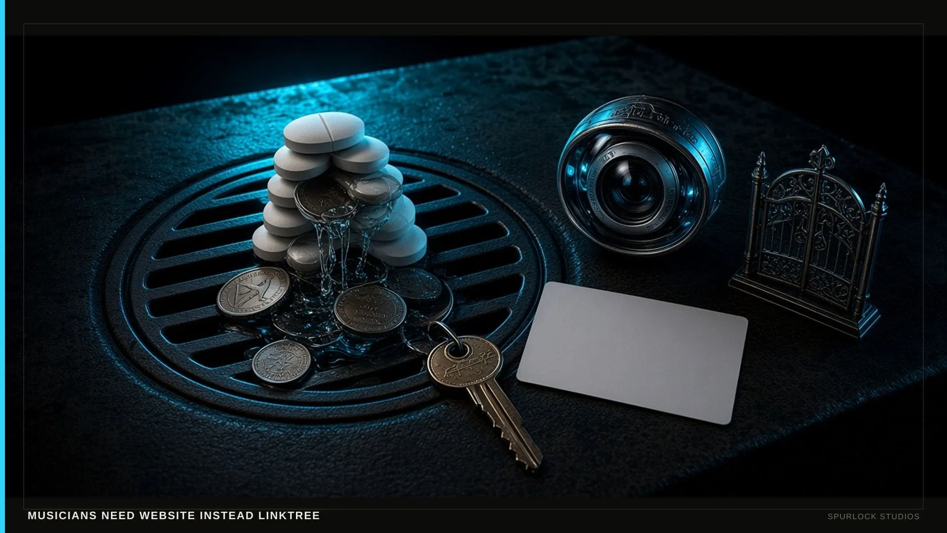 A stack of blank rounded pills leaking water and coins into a floor drain. Thesis: MUSICIANS NEED WEBSITE INSTEAD LINKTREE.
