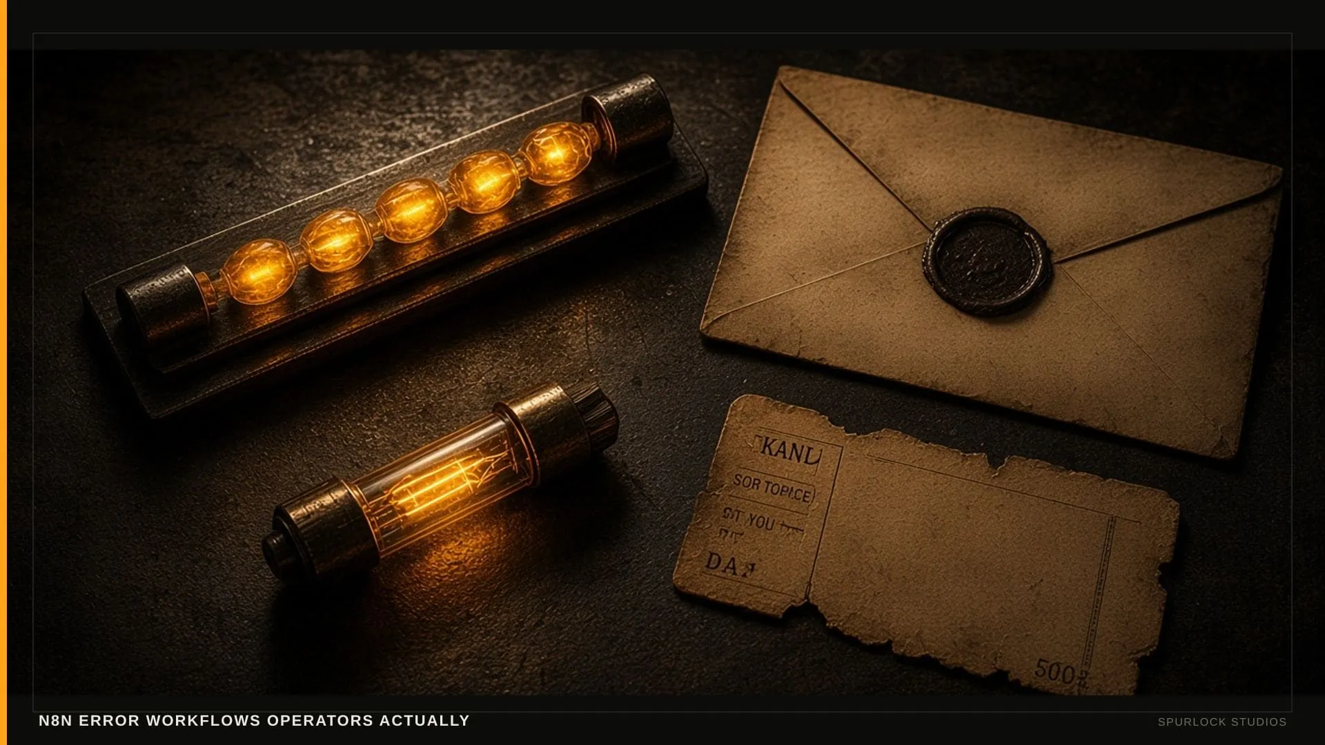Amber node beads on a dark rail. Thesis: N8N ERROR WORKFLOWS OPERATORS ACTUALLY.