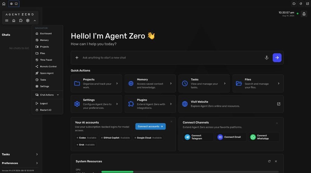 Agent Zero console dashboard