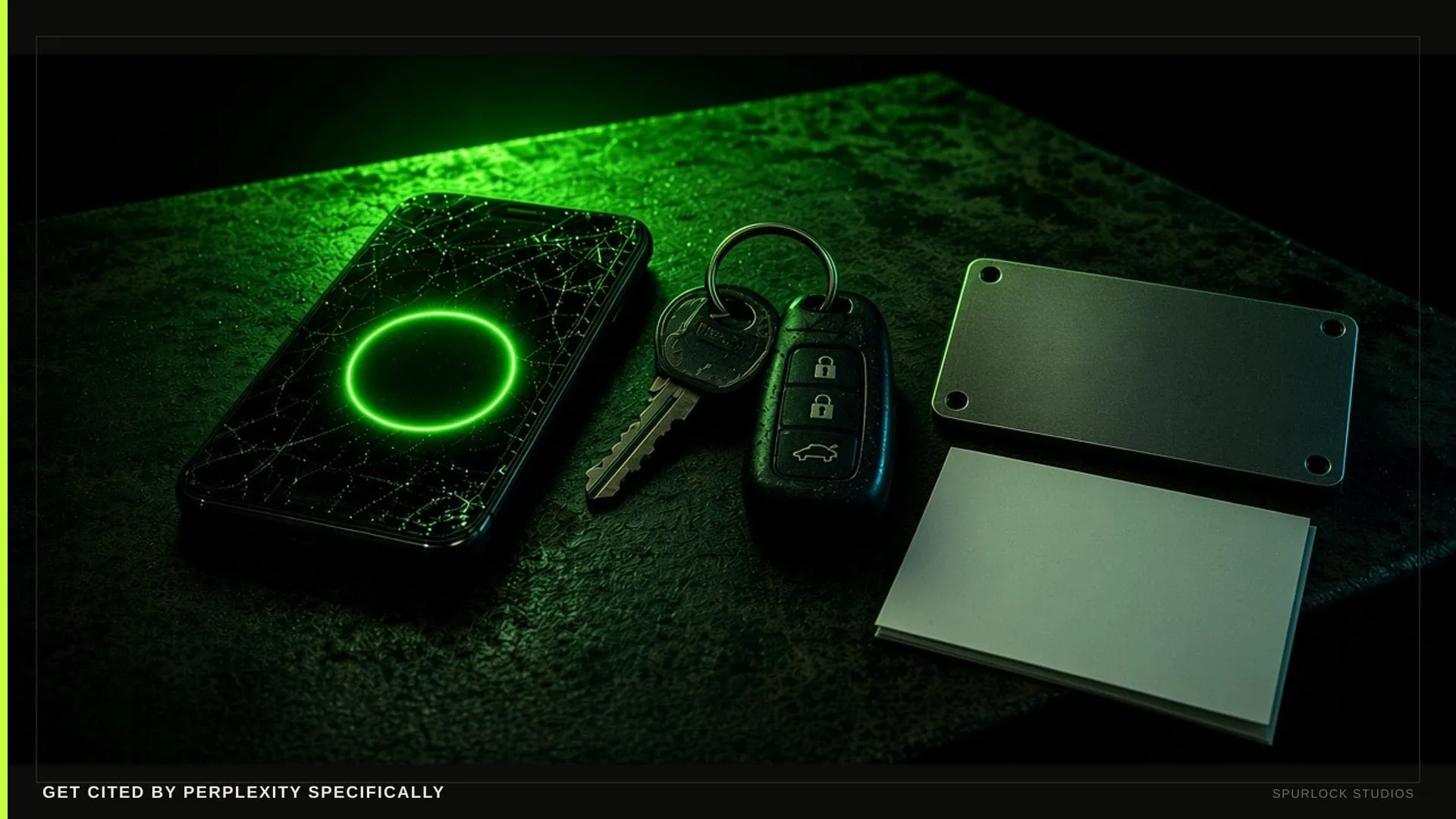 A scuffed work smartphone with a blank glowing circular button. Thesis: GET CITED BY PERPLEXITY SPECIFICALLY.