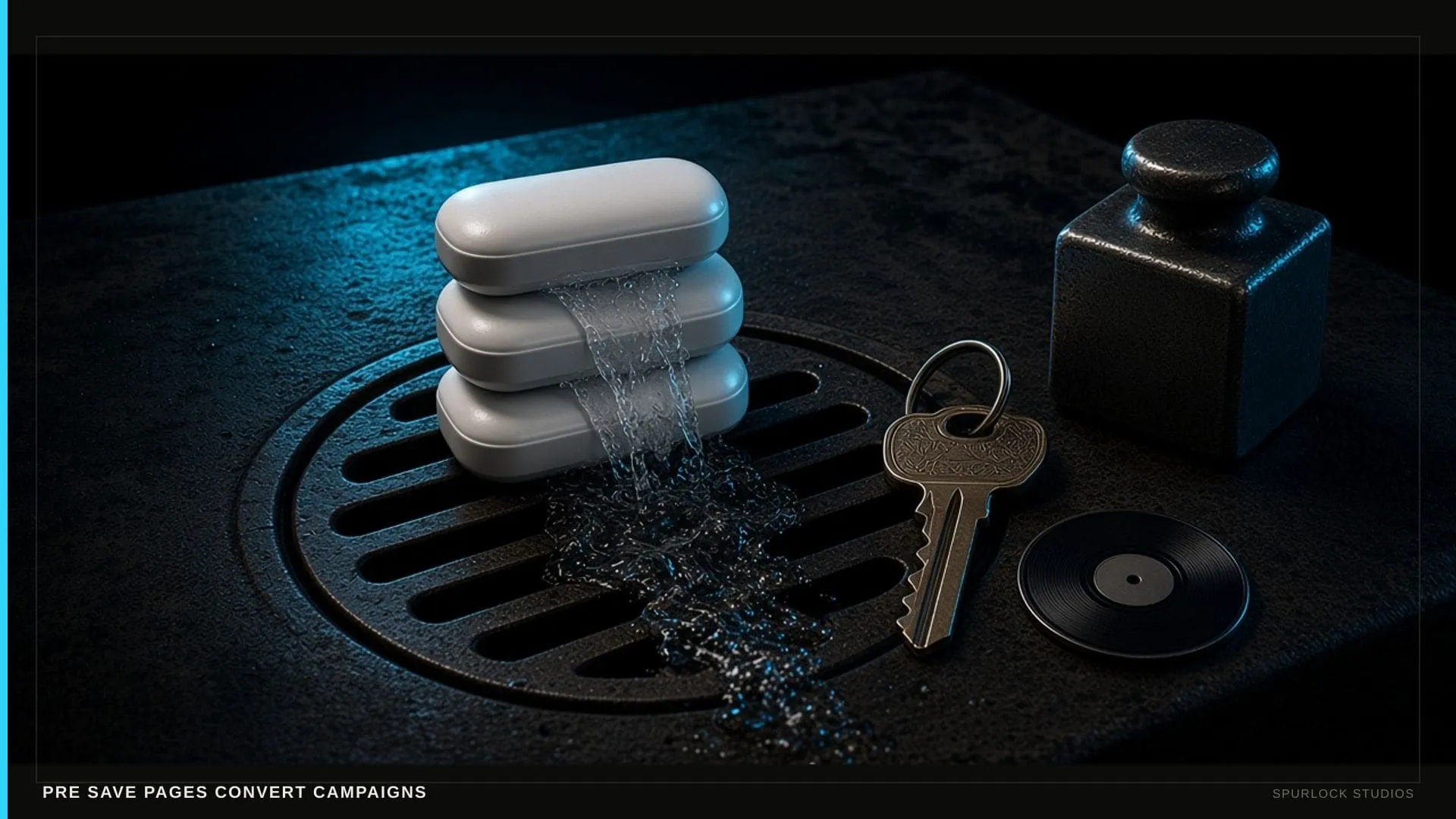 A stack of blank rounded pills leaking water and coins into a floor drain. Thesis: PRE SAVE PAGES CONVERT CAMPAIGNS.