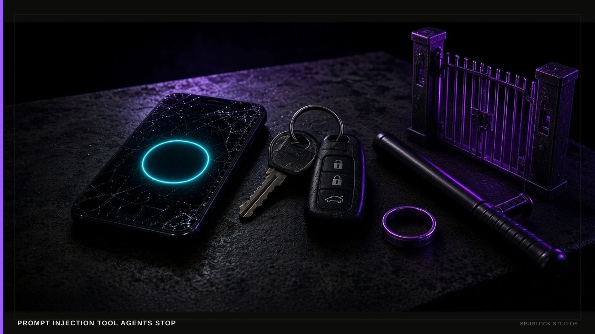 A scuffed work smartphone with a blank glowing circular button. Thesis: PROMPT INJECTION TOOL AGENTS STOP.