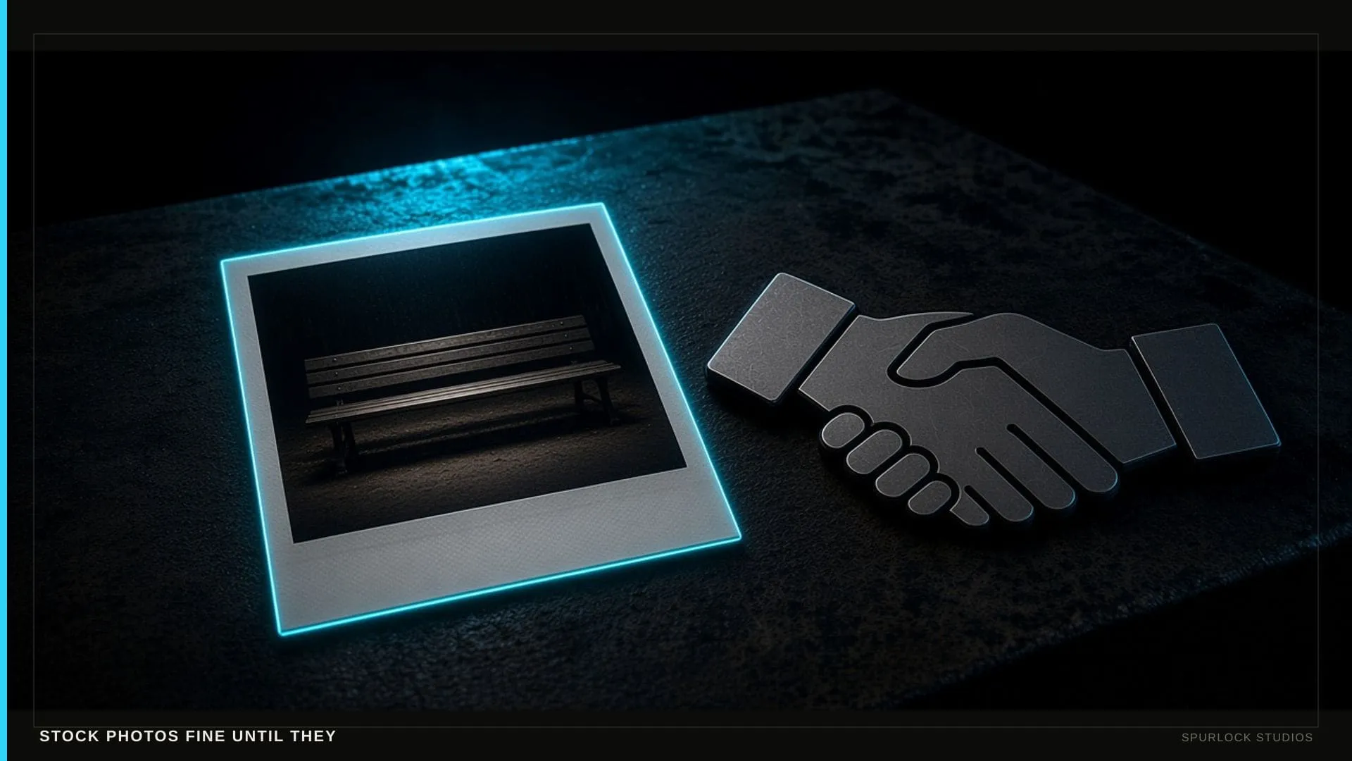 A Polaroid of a real bench vs a generic handshake cutout in shadow. Thesis: STOCK PHOTOS FINE UNTIL THEY.