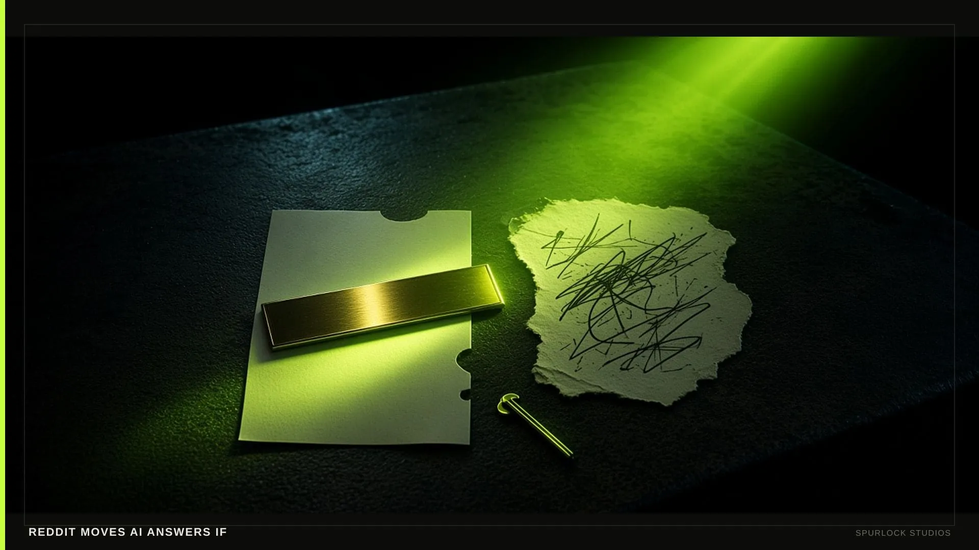 A lime beam hitting a small brass nameplate. Thesis: REDDIT MOVES AI ANSWERS IF.