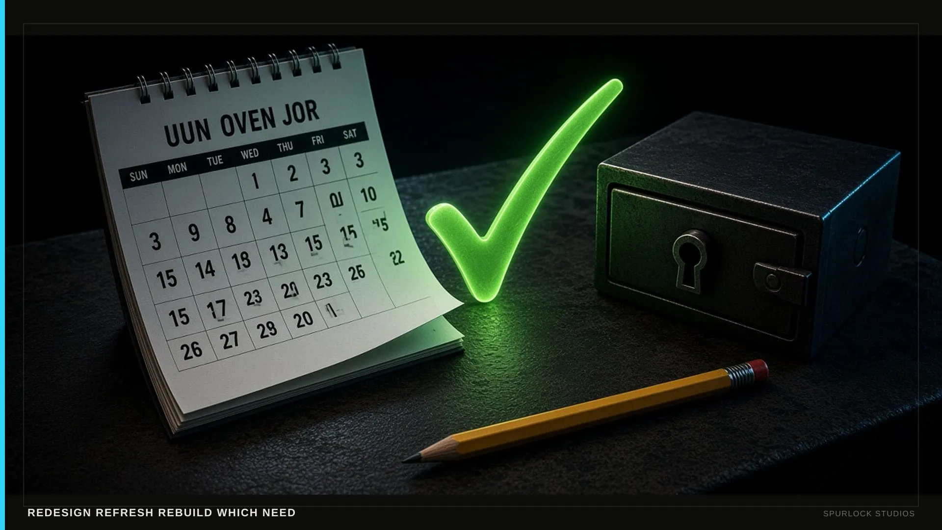 A calendar page turning. Thesis: REDESIGN REFRESH REBUILD WHICH NEED.