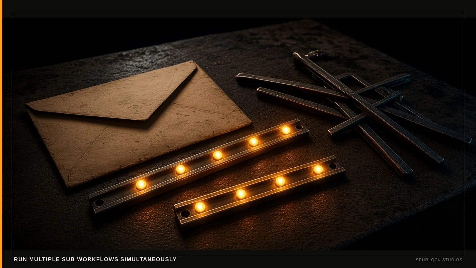 Amber node beads on a dark rail. Thesis: RUN MULTIPLE SUB WORKFLOWS SIMULTANEOUSLY.