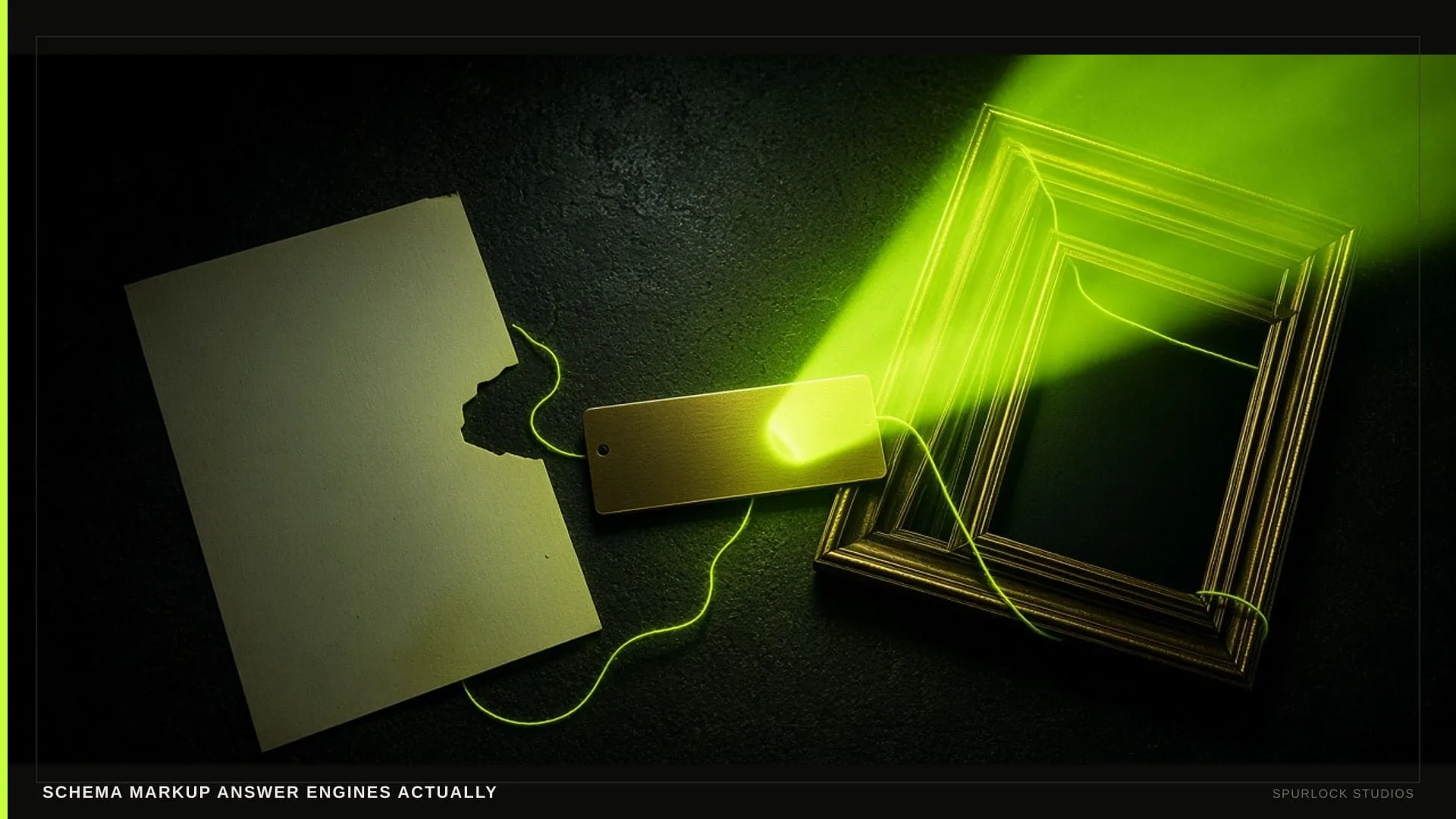 A lime beam hitting a small brass nameplate. Thesis: SCHEMA MARKUP ANSWER ENGINES ACTUALLY.