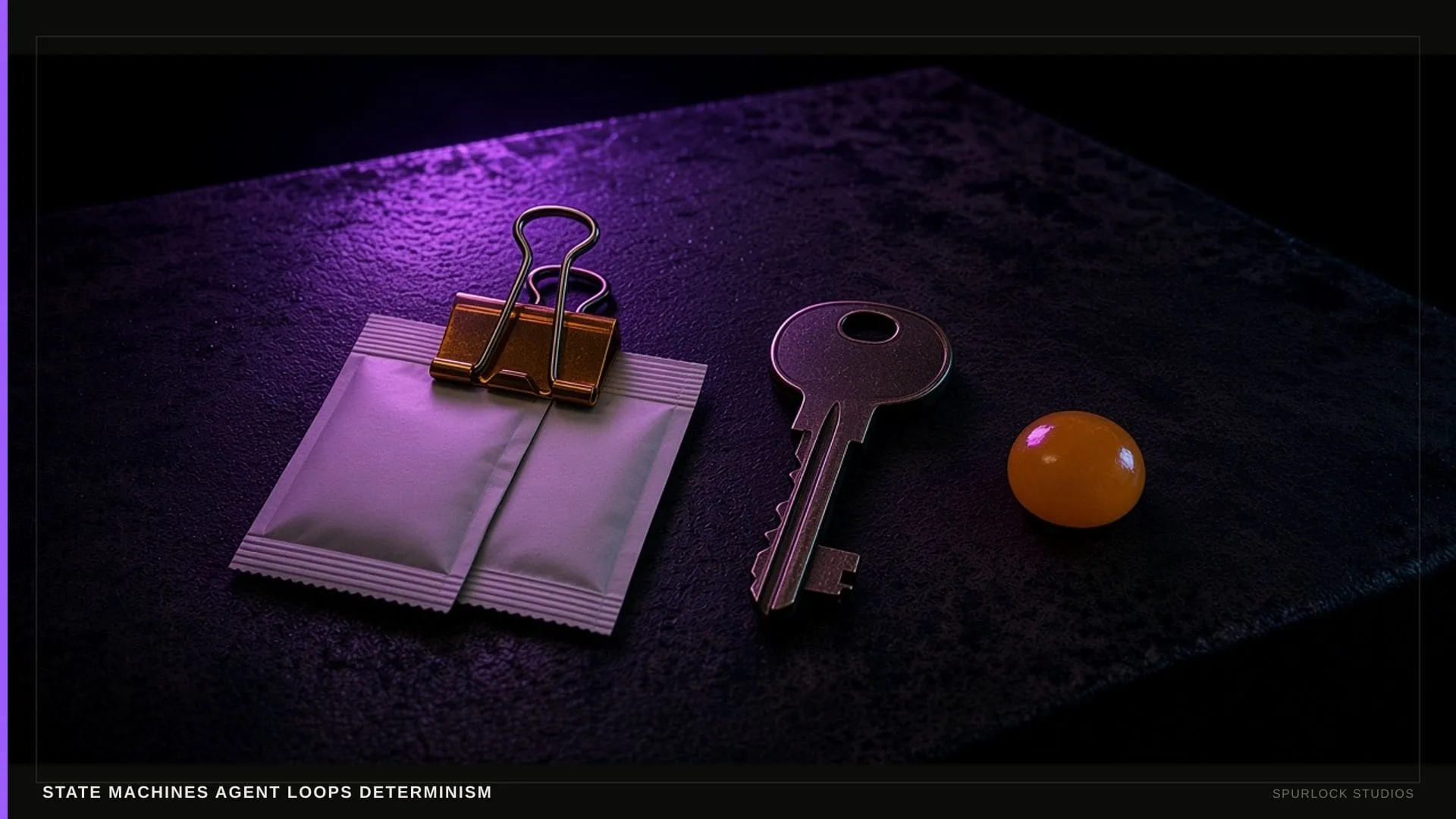 Two clipped paper packets. Thesis: STATE MACHINES AGENT LOOPS DETERMINISM.