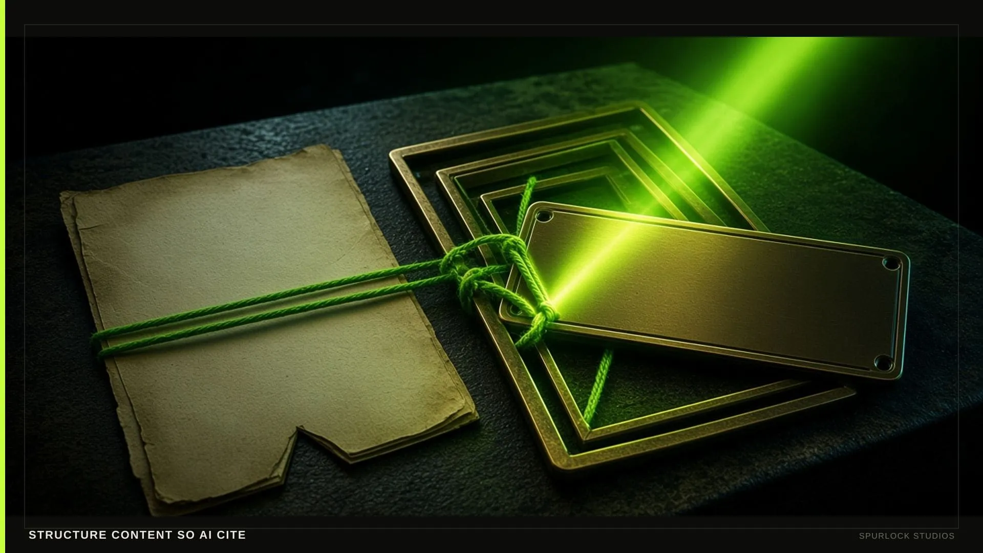 A lime beam hitting a small brass nameplate. Thesis: STRUCTURE CONTENT SO AI CITE.