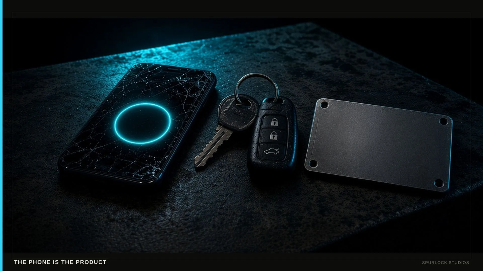 Cracked shop phone with a cyan CALL button, truck keys, and an hours plate on black steel.