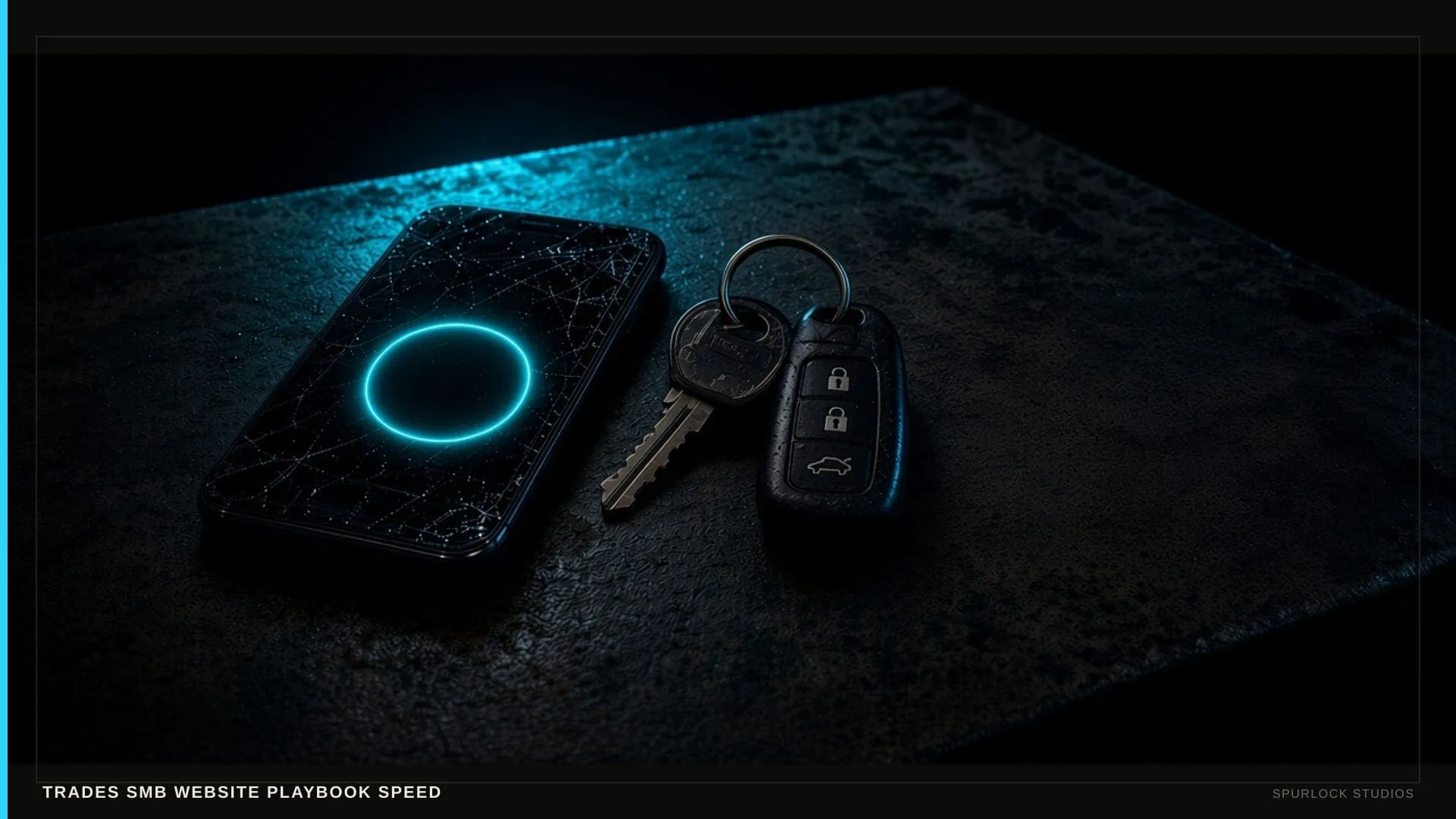 A scuffed work smartphone with a blank glowing circular button. Thesis: TRADES SMB WEBSITE PLAYBOOK SPEED.