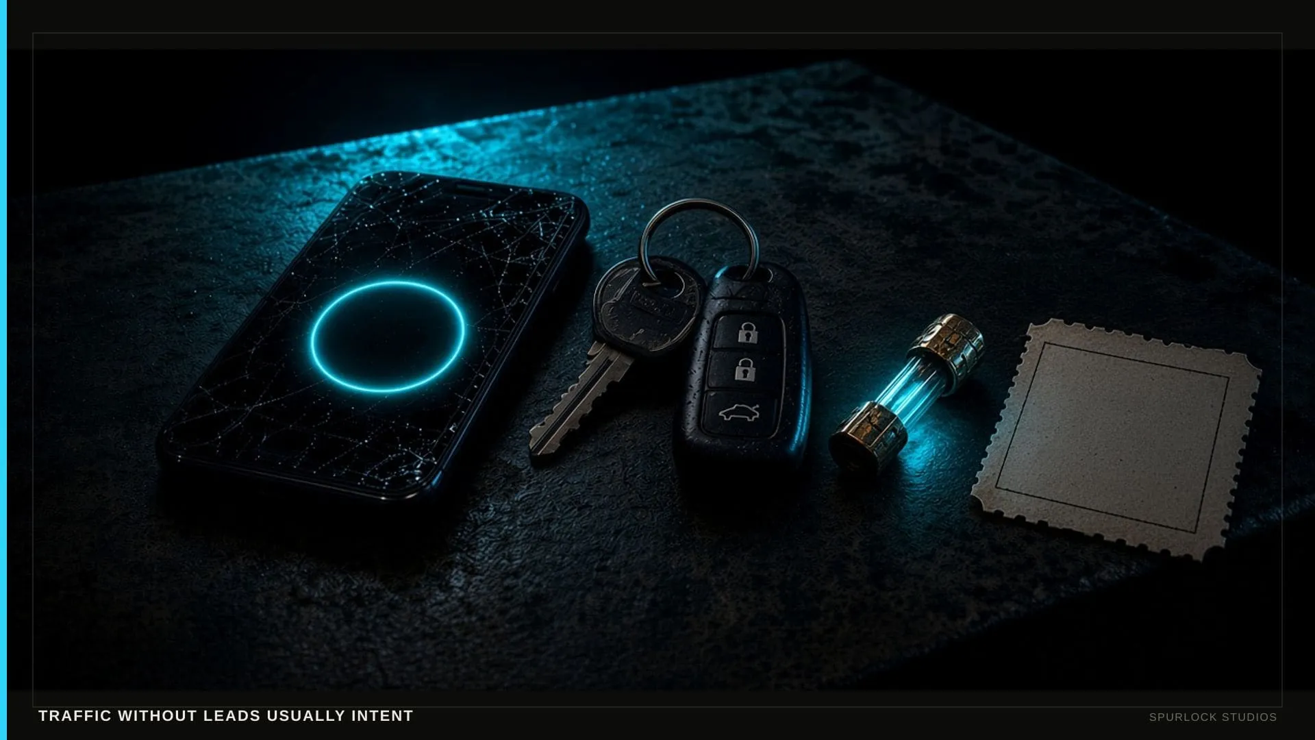 A scuffed work smartphone with a blank glowing circular button. Thesis: TRAFFIC WITHOUT LEADS USUALLY INTENT.