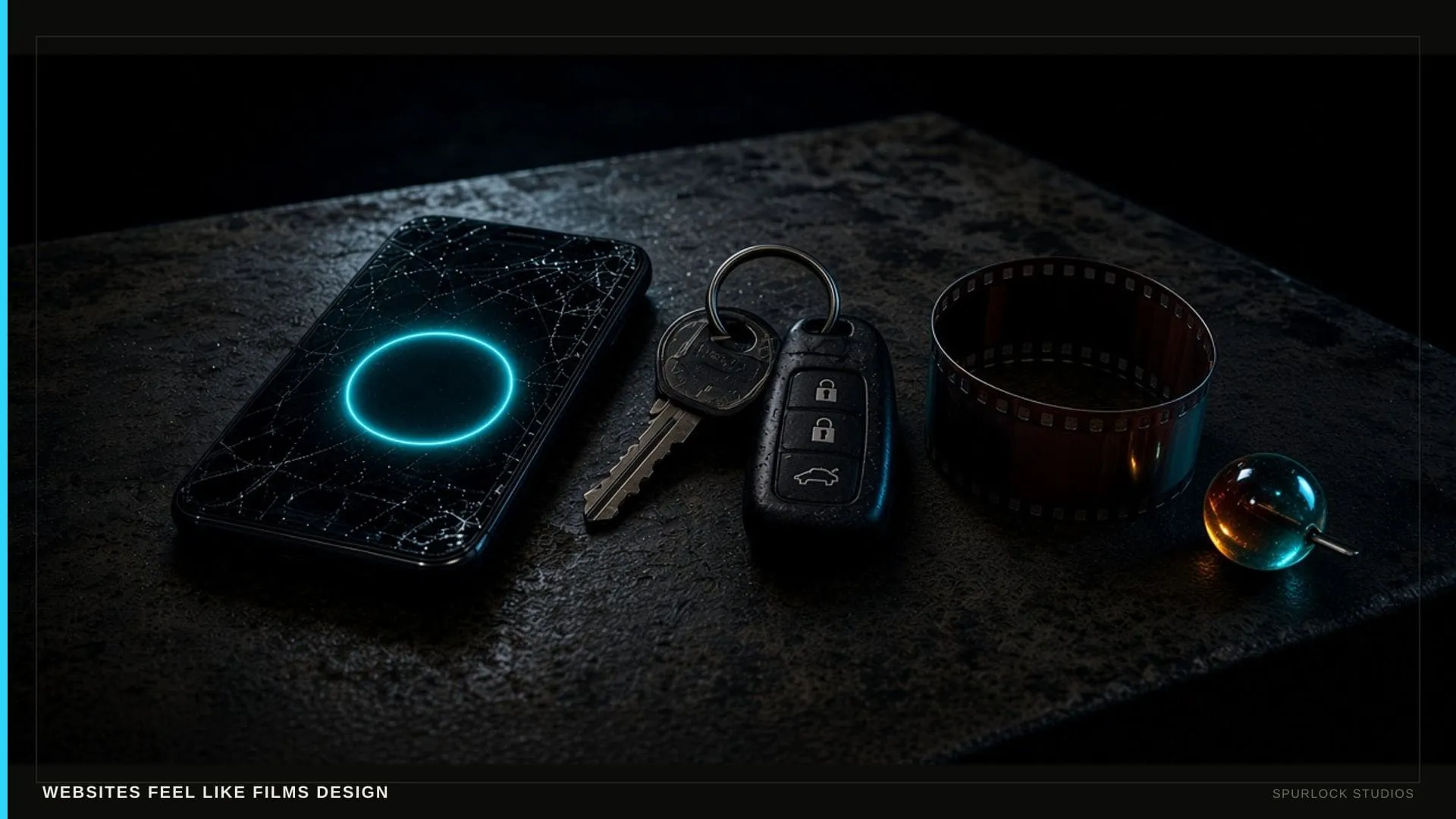 A scuffed work smartphone with a blank glowing circular button. Thesis: WEBSITES FEEL LIKE FILMS DESIGN.