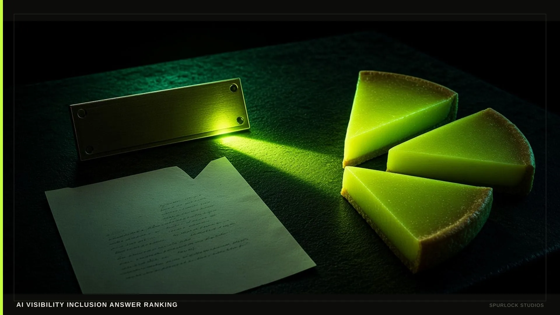 A lime beam hitting a small brass nameplate. Thesis: AI VISIBILITY INCLUSION ANSWER RANKING.