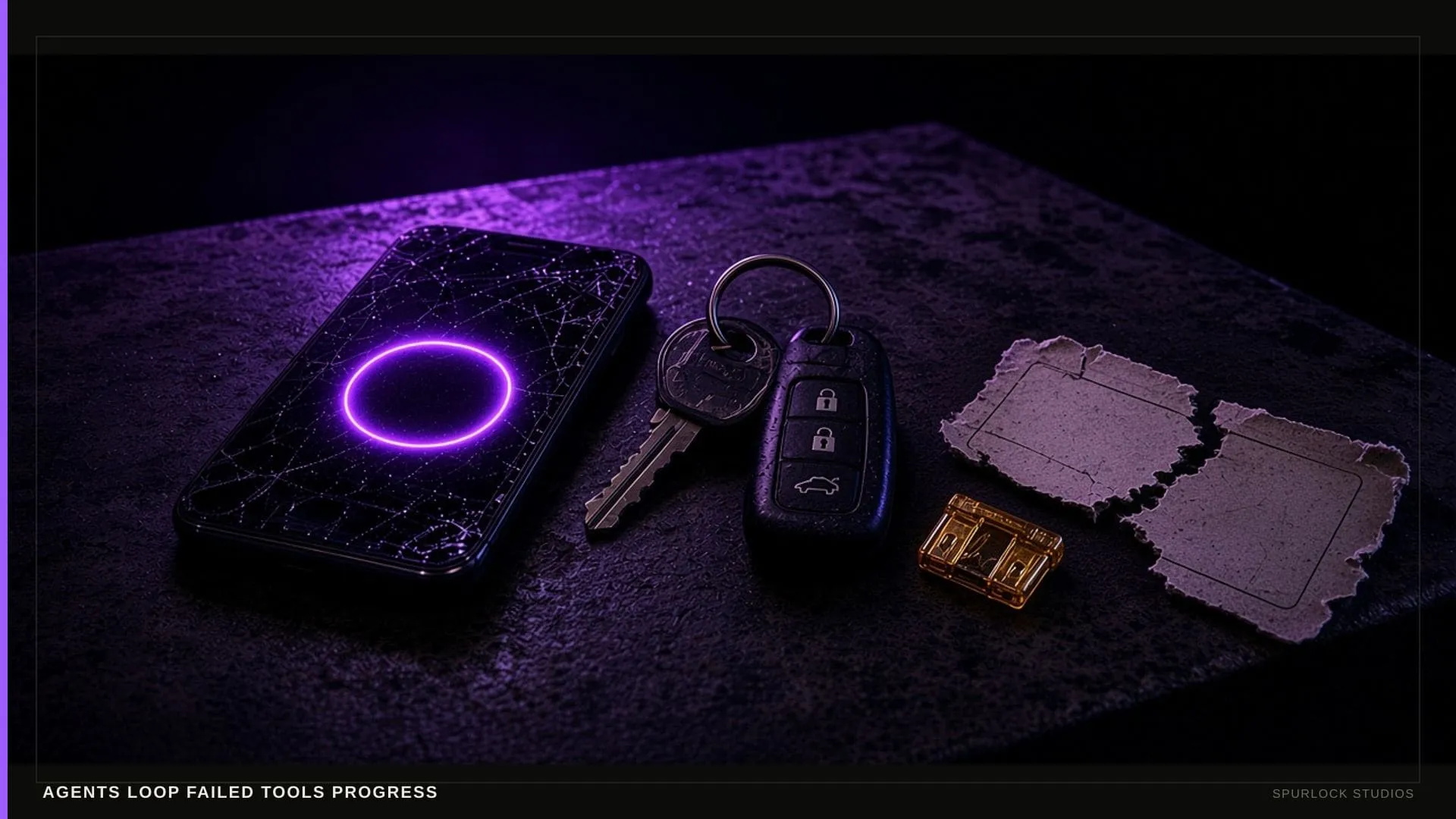 A scuffed work smartphone with a blank glowing circular button. Thesis: AGENTS LOOP FAILED TOOLS PROGRESS.